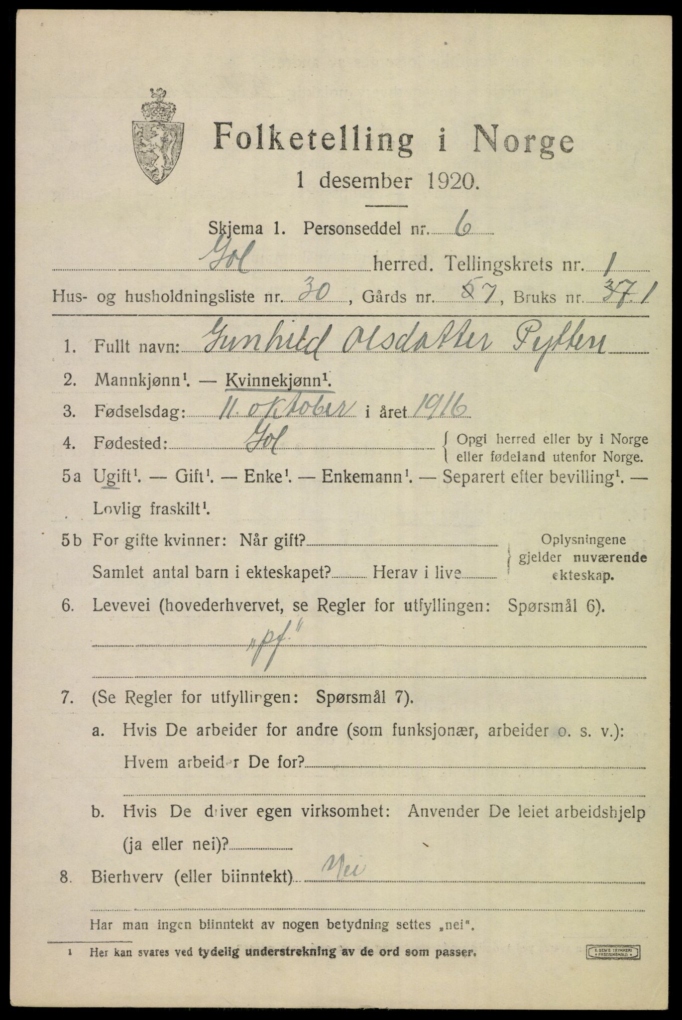 SAKO, 1920 census for Gol, 1920, p. 1216