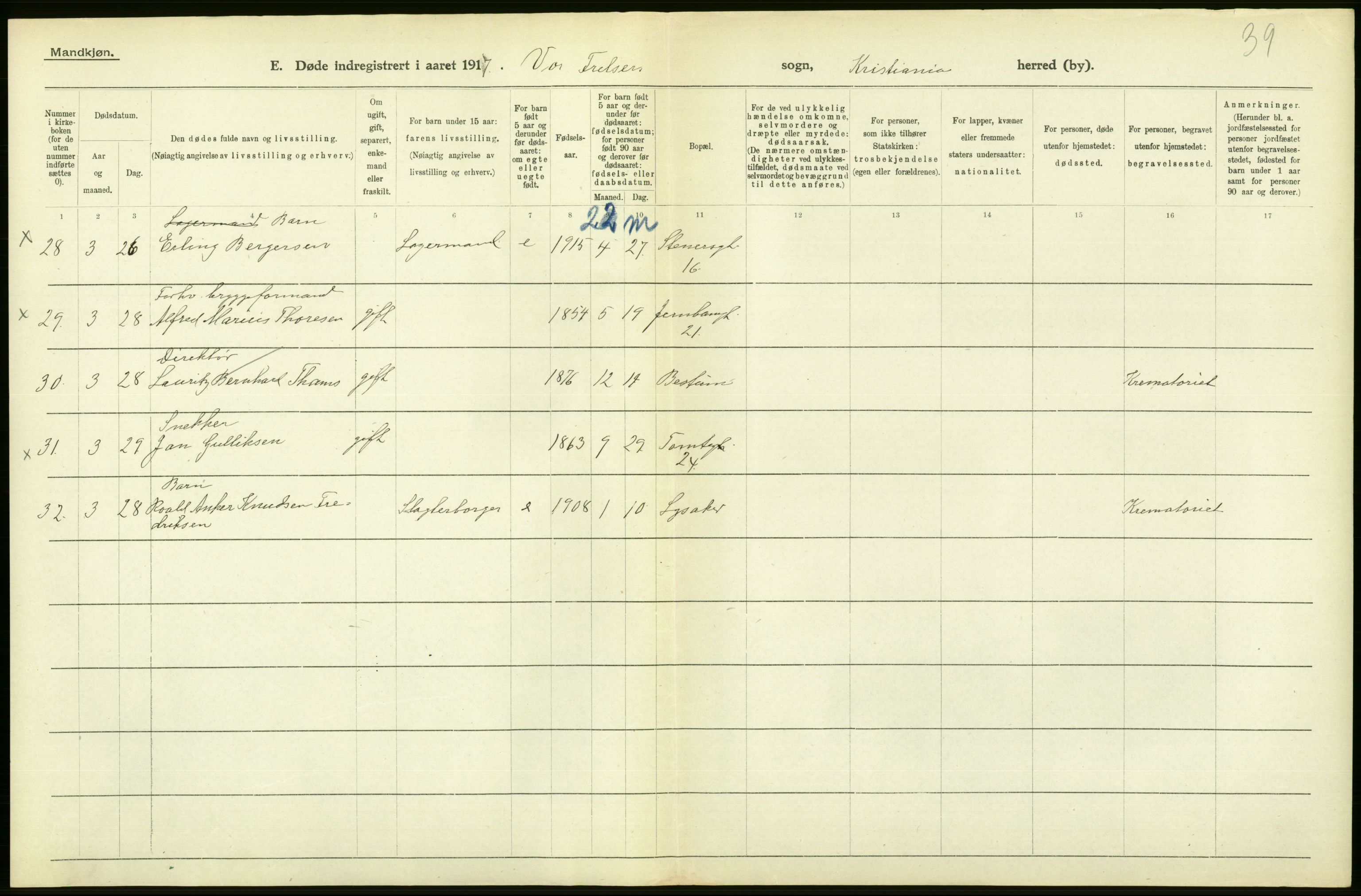 Statistisk sentralbyrå, Sosiodemografiske emner, Befolkning, AV/RA-S-2228/D/Df/Dfb/Dfbg/L0010: Kristiania: Døde, 1917, p. 514