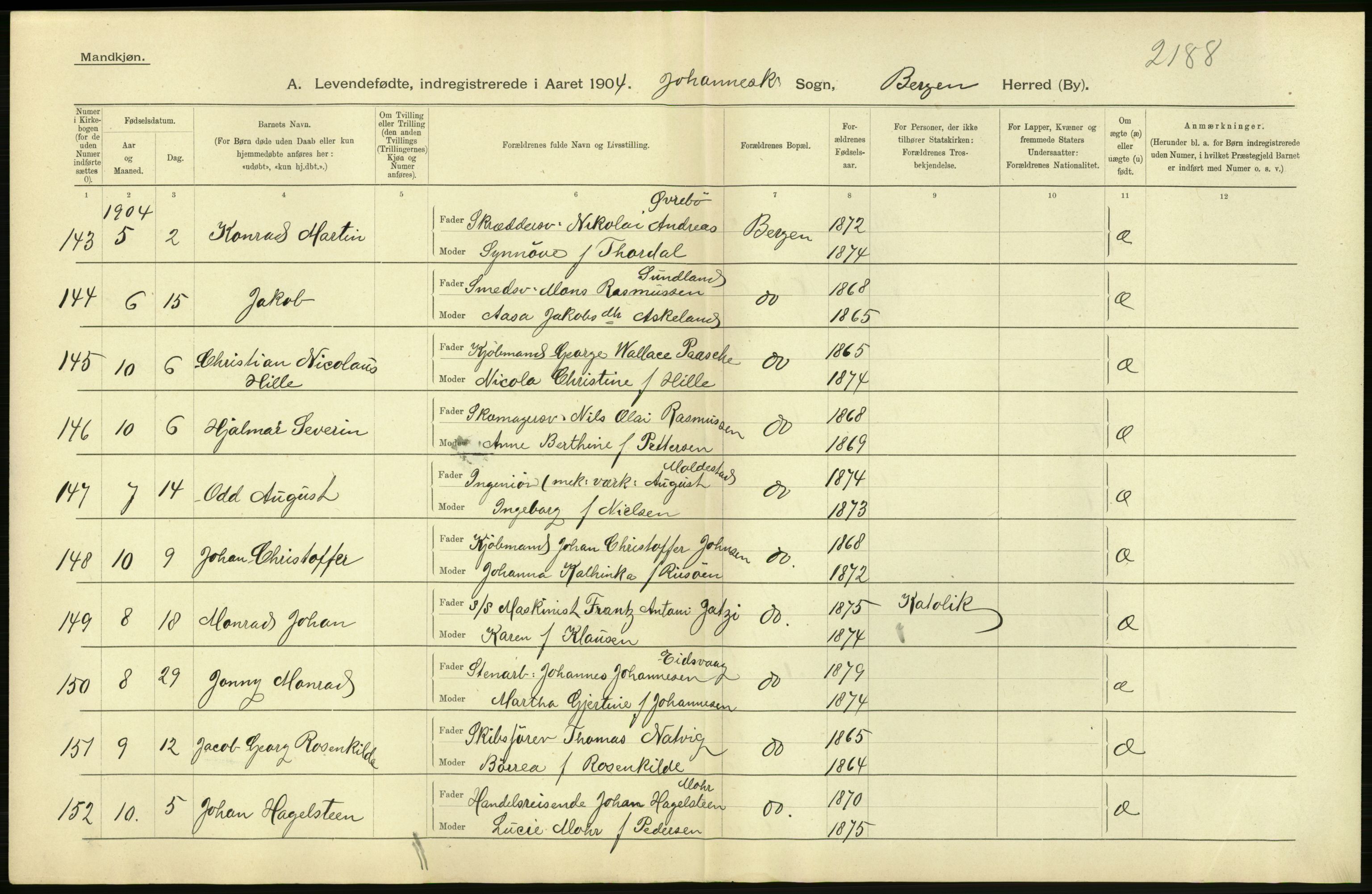 Statistisk sentralbyrå, Sosiodemografiske emner, Befolkning, AV/RA-S-2228/D/Df/Dfa/Dfab/L0014: Bergen: Fødte, gifte, døde, 1904, p. 12