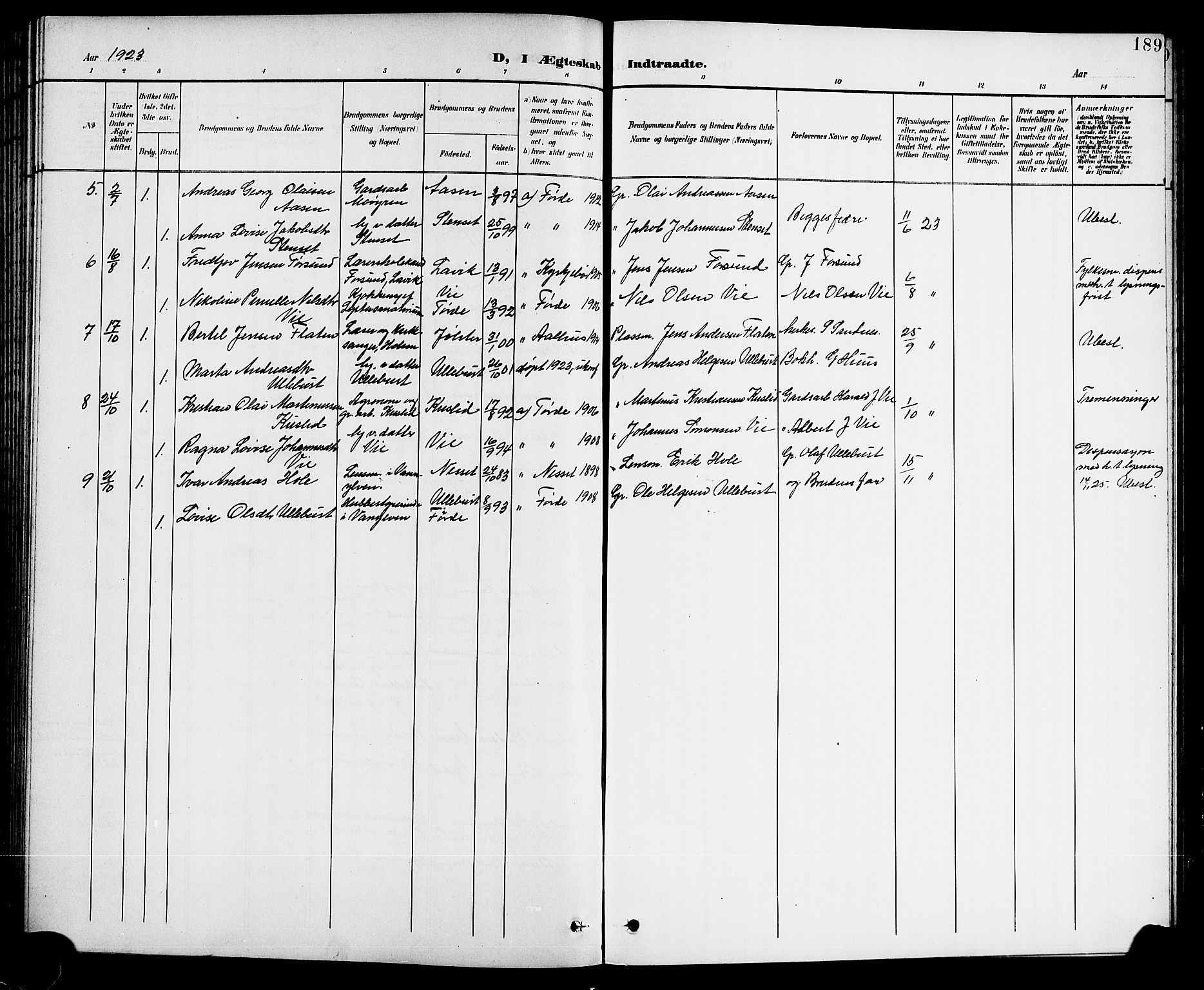 Førde sokneprestembete, SAB/A-79901/H/Hab/Haba/L0003: Parish register (copy) no. A 3, 1899-1924, p. 189