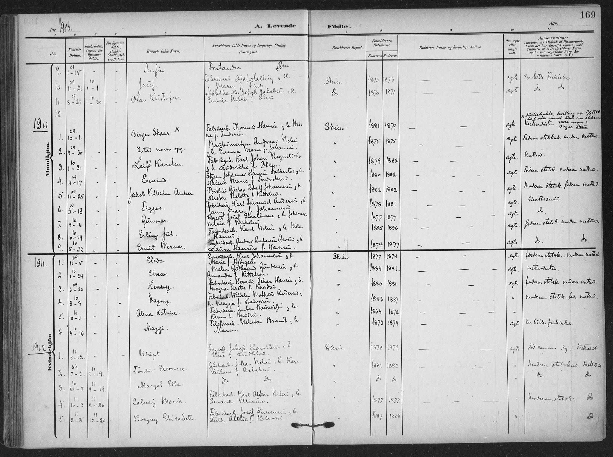 Skien kirkebøker, AV/SAKO-A-302/F/Fa/L0012: Parish register (official) no. 12, 1908-1914, p. 169