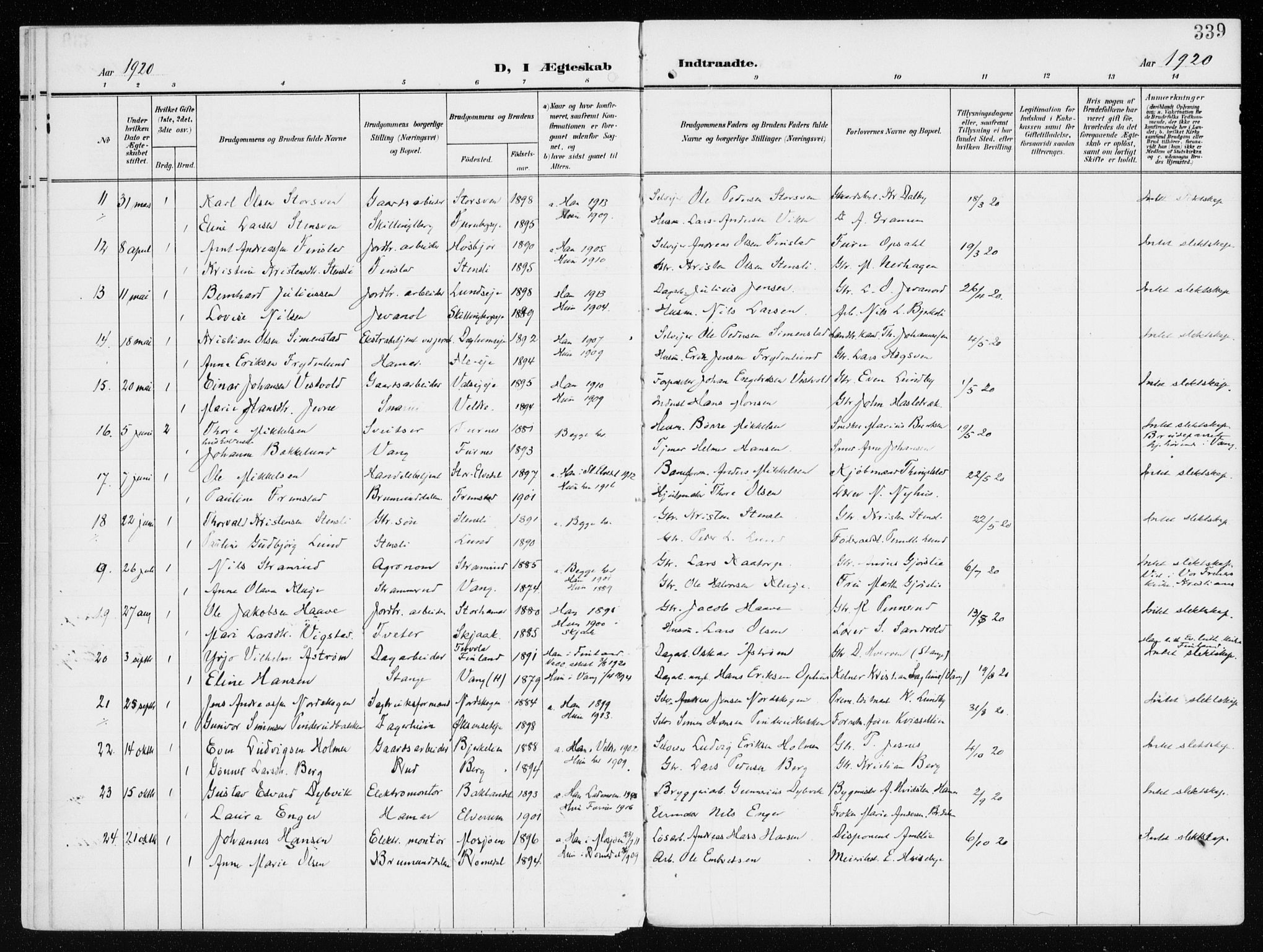 Furnes prestekontor, SAH/PREST-012/K/Ka/L0001: Parish register (official) no. 1, 1907-1935, p. 339