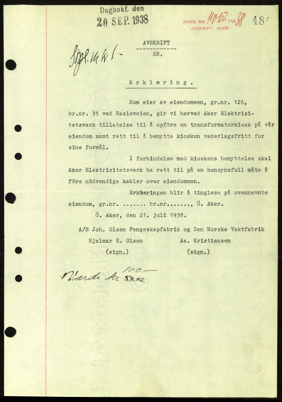 Aker herredsskriveri, SAO/A-10896/G/Gb/Gba/Gbab/L0025: Mortgage book no. A154-155, 1938-1938, Diary no: : 11062/1938