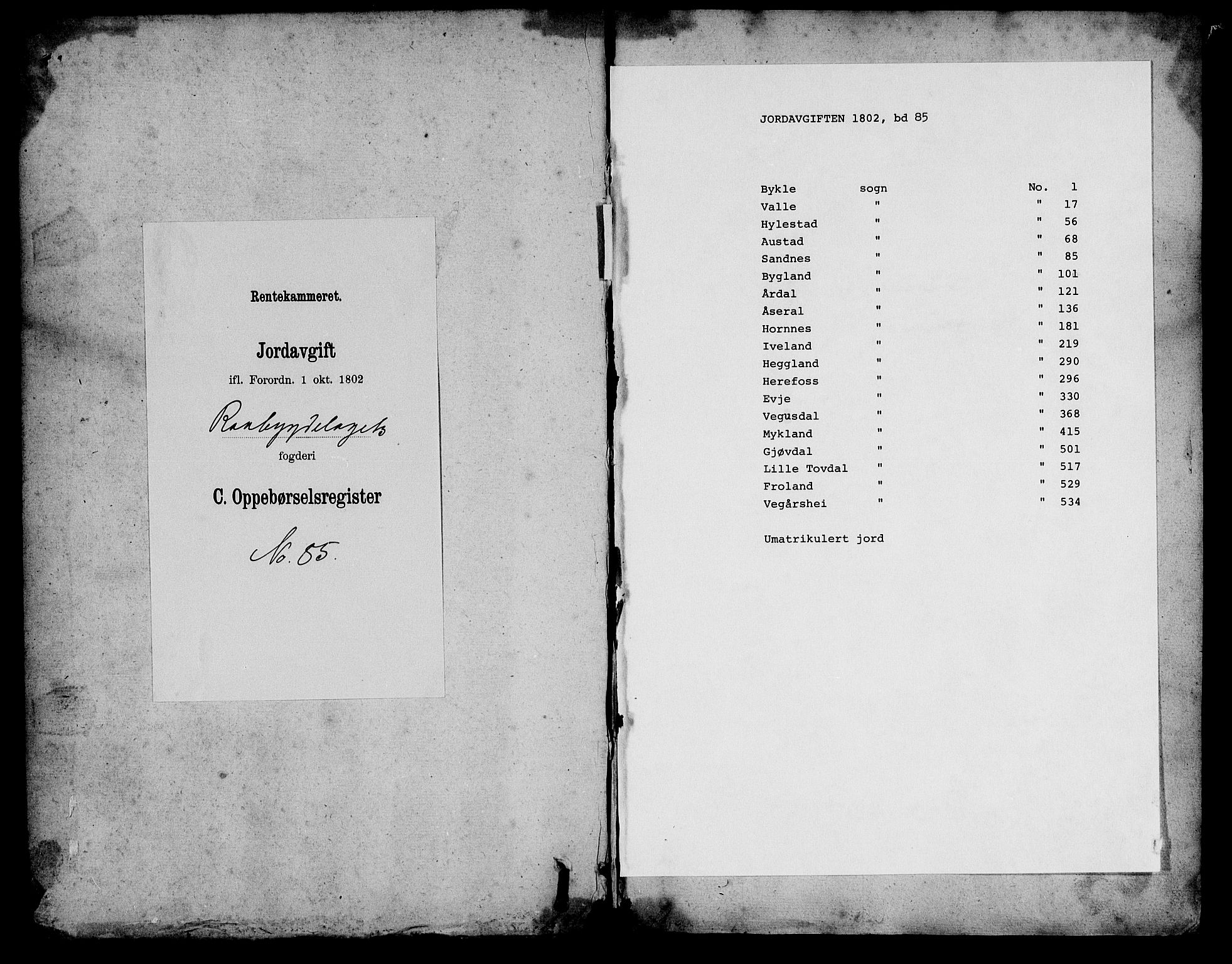 Rentekammeret inntil 1814, Realistisk ordnet avdeling, AV/RA-EA-4070/N/Ne/Nea/L0085: Råbyggelag fogderi. Oppebørselsregister, 1803-1804, p. 1