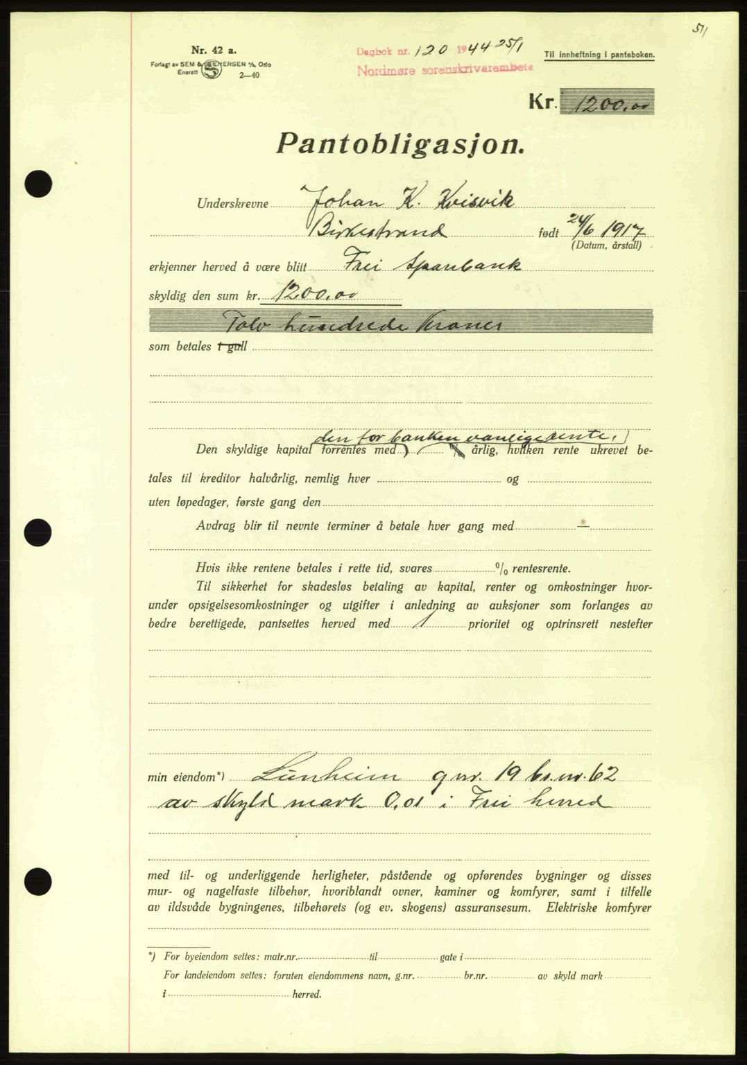 Nordmøre sorenskriveri, AV/SAT-A-4132/1/2/2Ca: Mortgage book no. B91, 1943-1944, Diary no: : 120/1944