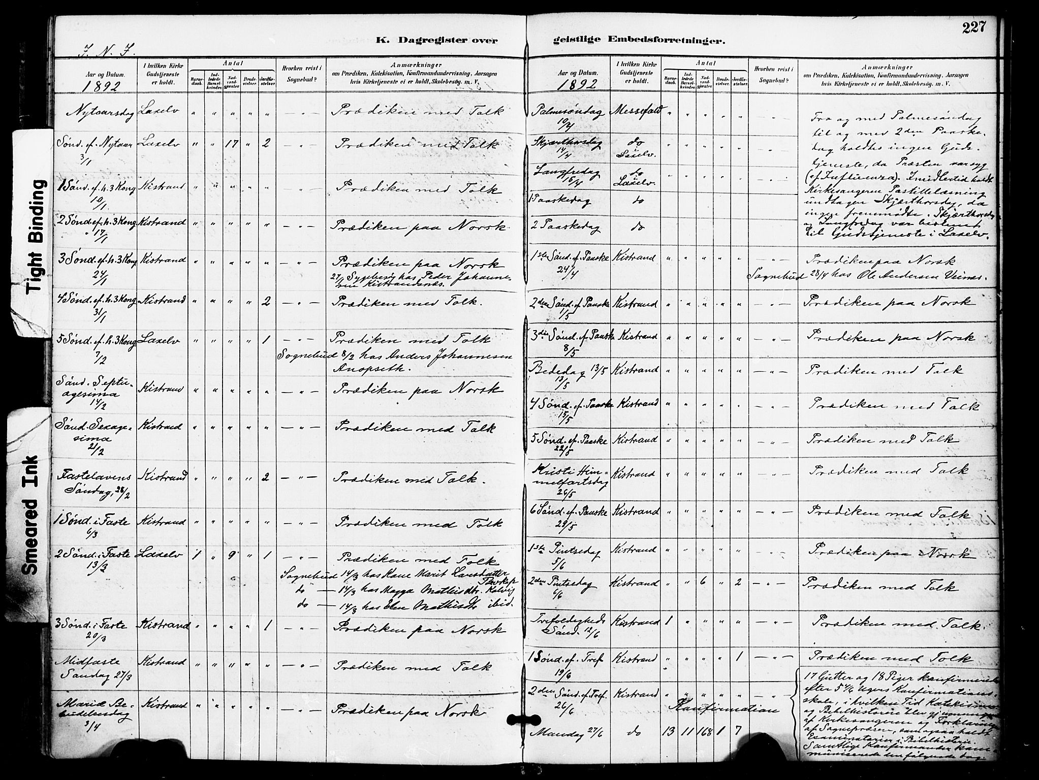 Kistrand/Porsanger sokneprestembete, AV/SATØ-S-1351/H/Ha/L0008.kirke: Parish register (official) no. 8, 1890-1898, p. 227