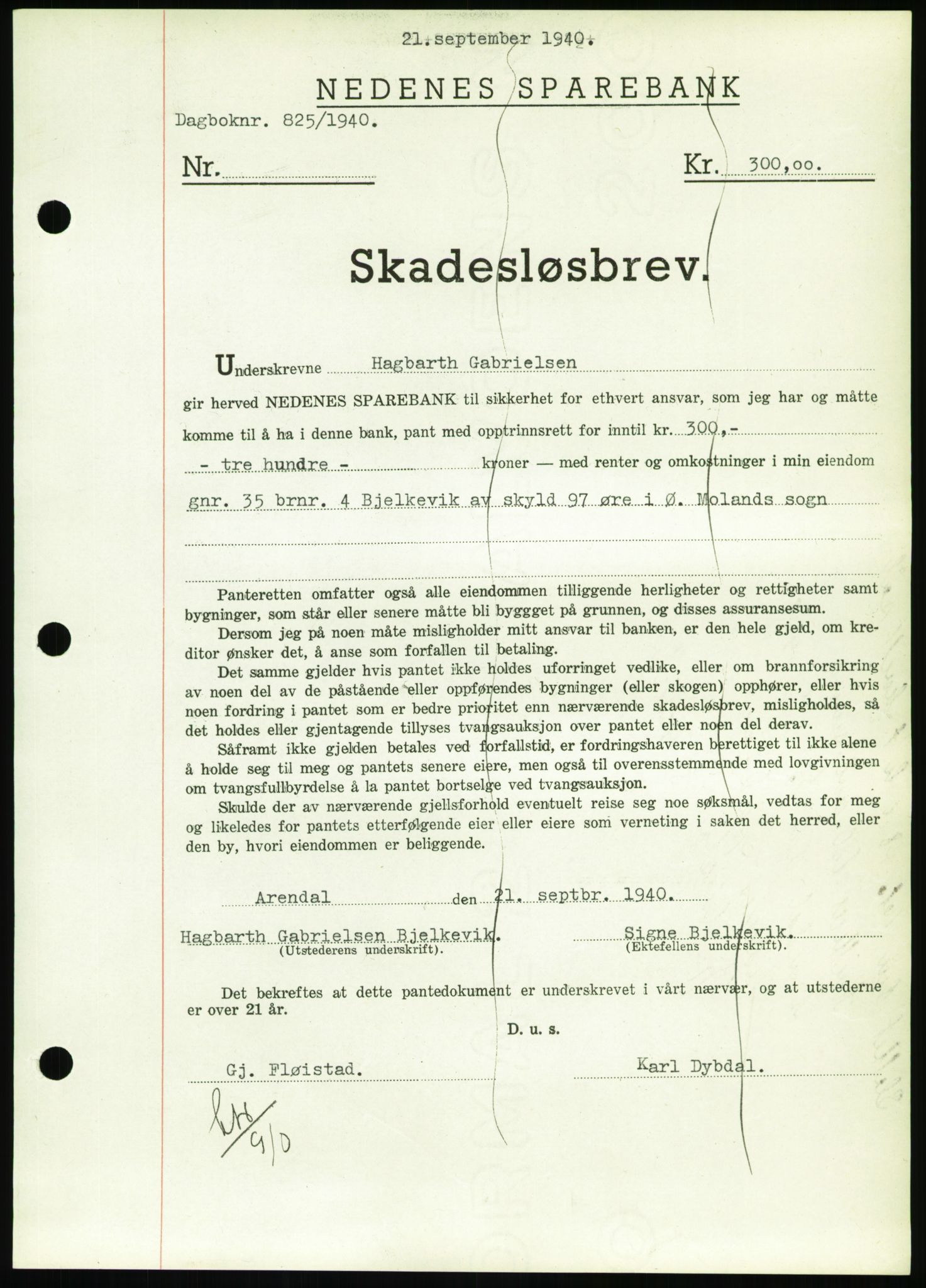 Nedenes sorenskriveri, AV/SAK-1221-0006/G/Gb/Gbb/L0001: Mortgage book no. I, 1939-1942, Diary no: : 825/1940