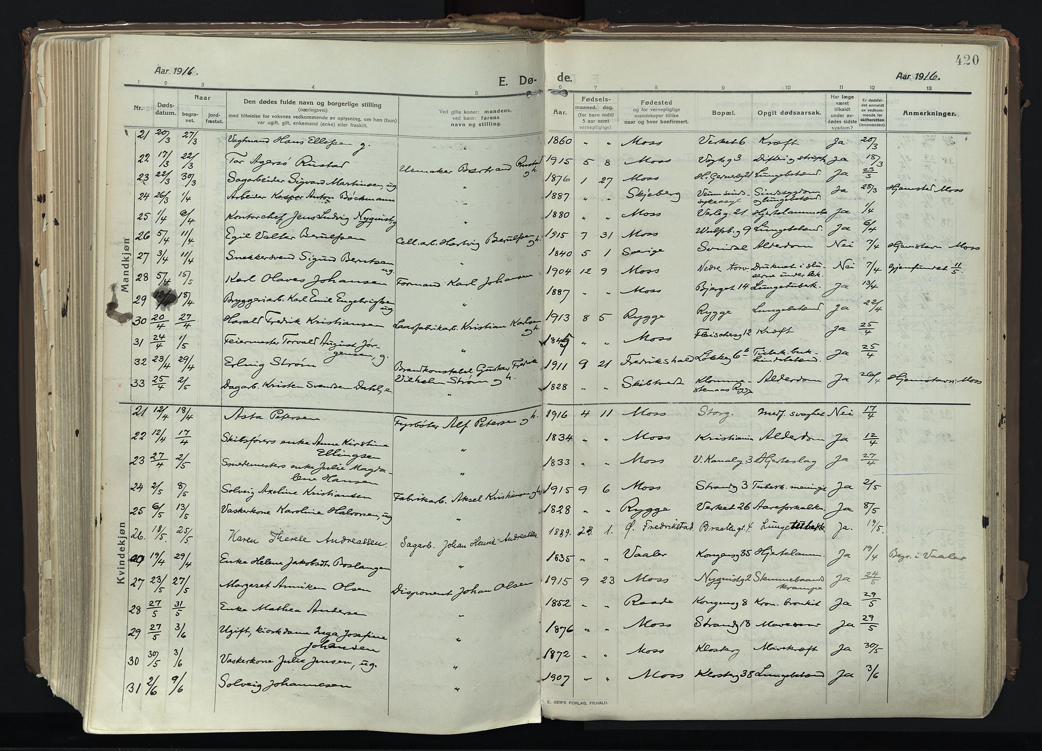 Moss prestekontor Kirkebøker, AV/SAO-A-2003/F/Fb/L0005: Parish register (official) no. II 5, 1913-1923, p. 420
