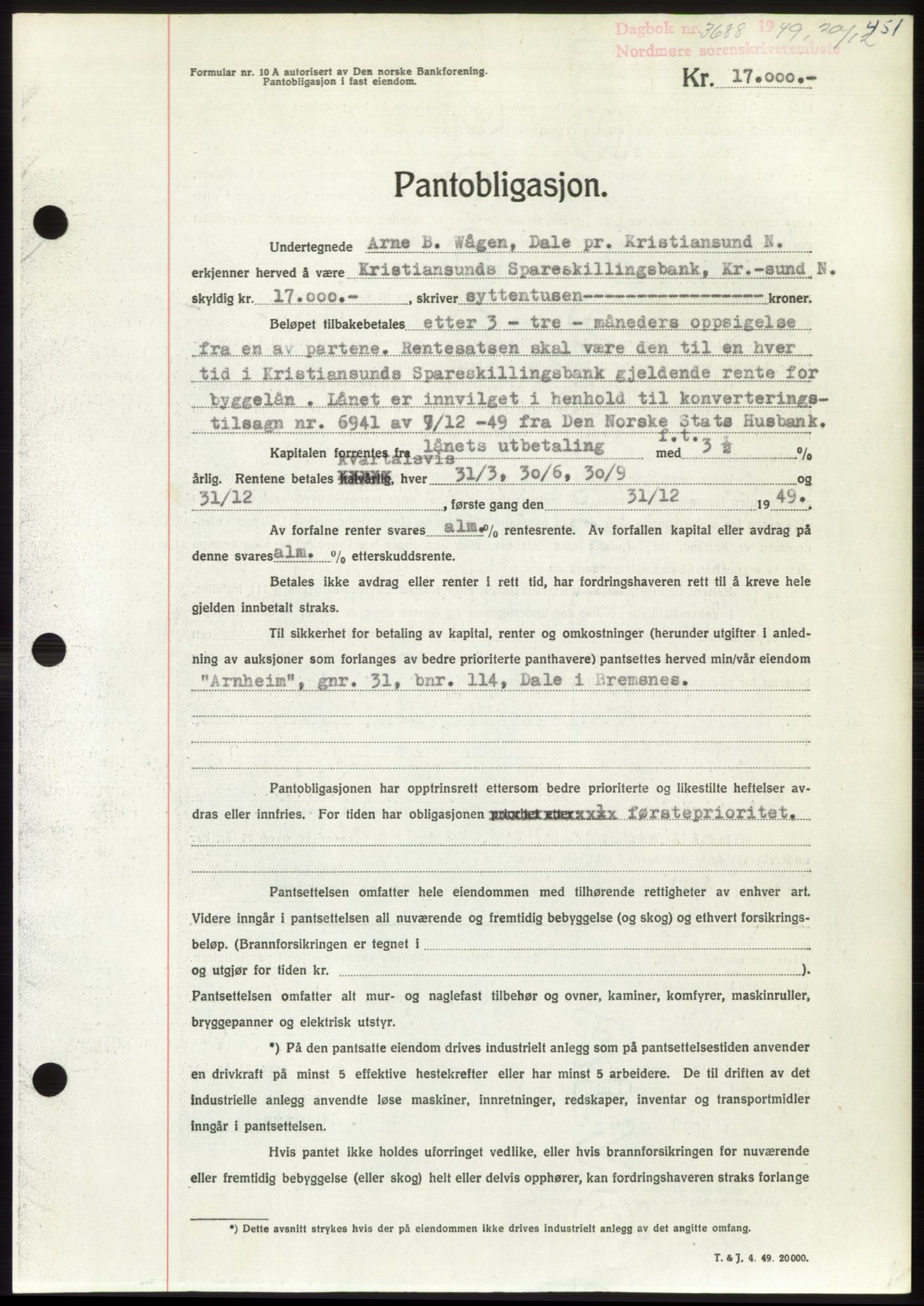 Nordmøre sorenskriveri, AV/SAT-A-4132/1/2/2Ca: Mortgage book no. B103, 1949-1950, Diary no: : 3688/1949