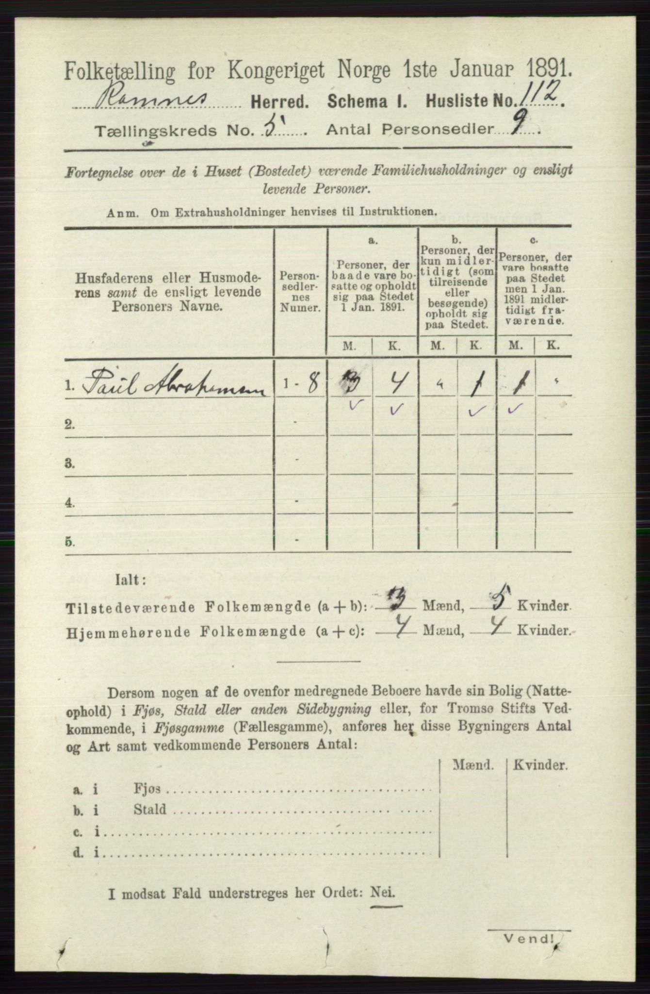 RA, 1891 census for 0718 Ramnes, 1891, p. 2535