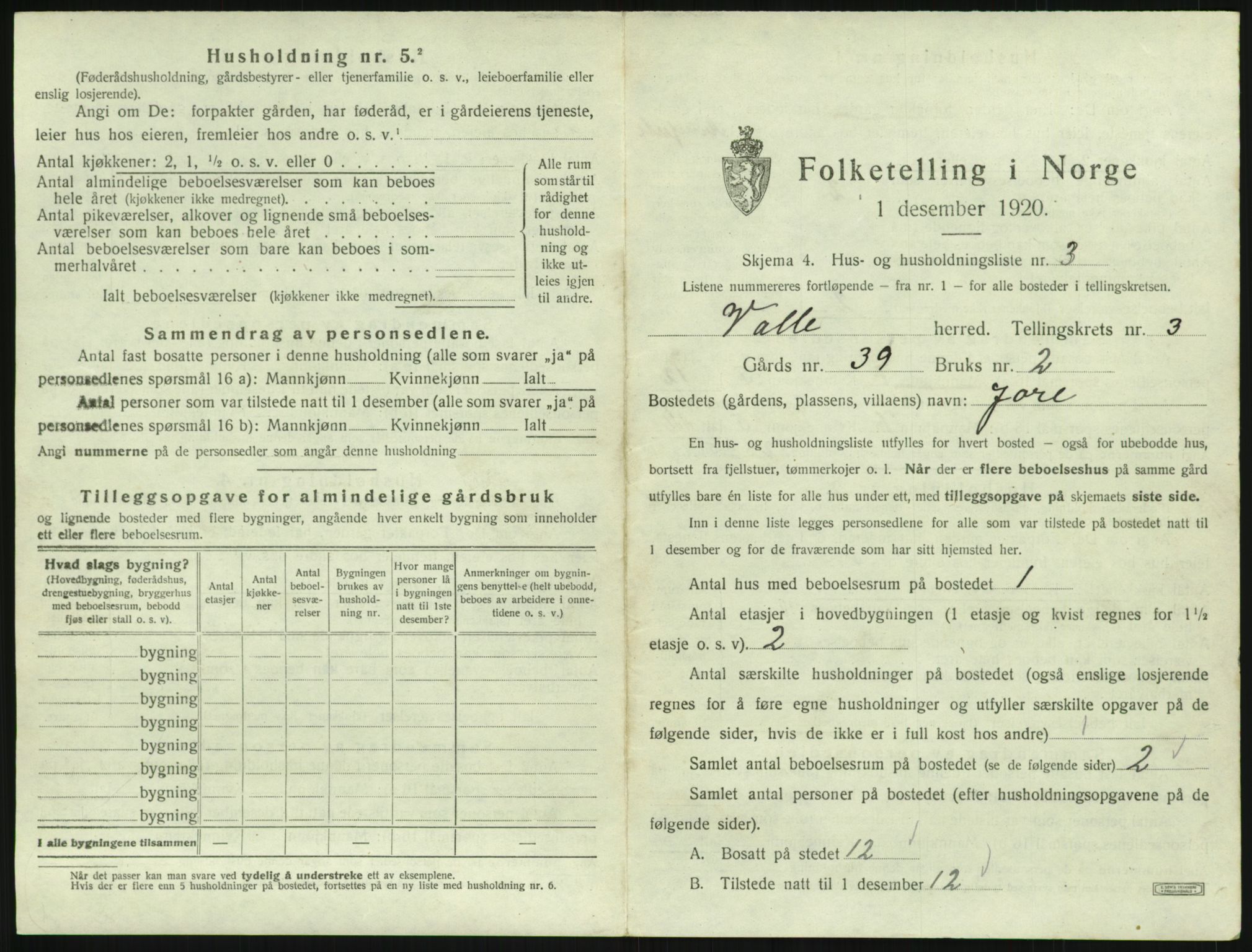 SAK, 1920 census for Valle, 1920, p. 227