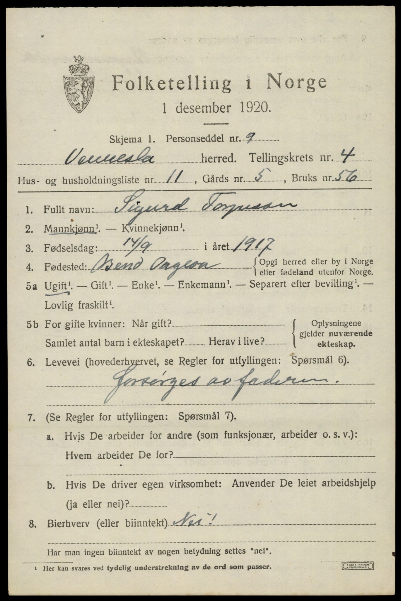 SAK, 1920 census for Vennesla, 1920, p. 2986