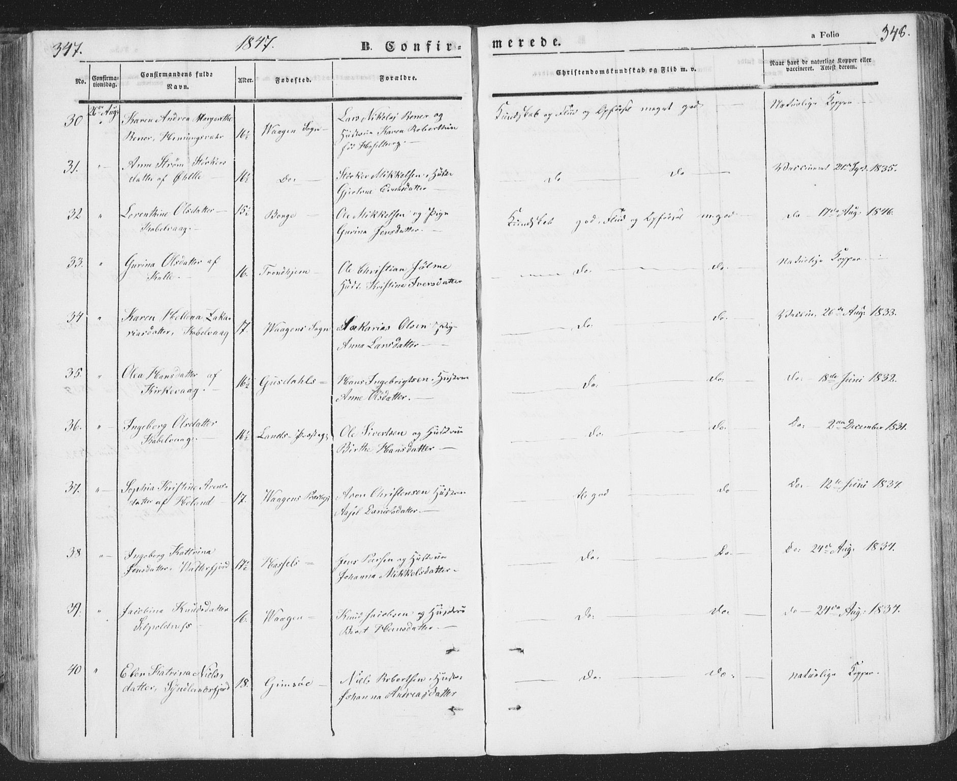 Ministerialprotokoller, klokkerbøker og fødselsregistre - Nordland, AV/SAT-A-1459/874/L1072: Parish register (copy) no. 874C01, 1843-1859, p. 347-348