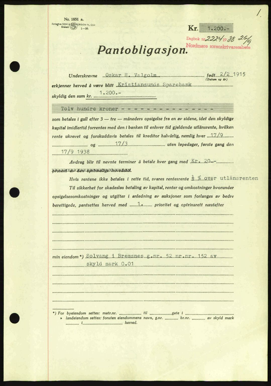 Nordmøre sorenskriveri, AV/SAT-A-4132/1/2/2Ca: Mortgage book no. B84, 1938-1939, Diary no: : 2224/1938