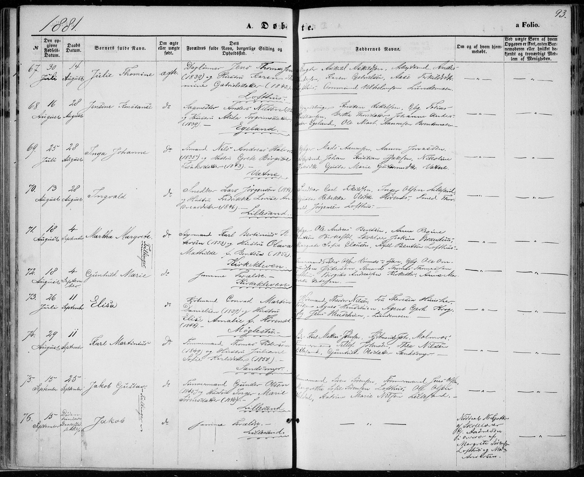 Vestre Moland sokneprestkontor, SAK/1111-0046/F/Fa/Fab/L0008: Parish register (official) no. A 8, 1873-1883, p. 93