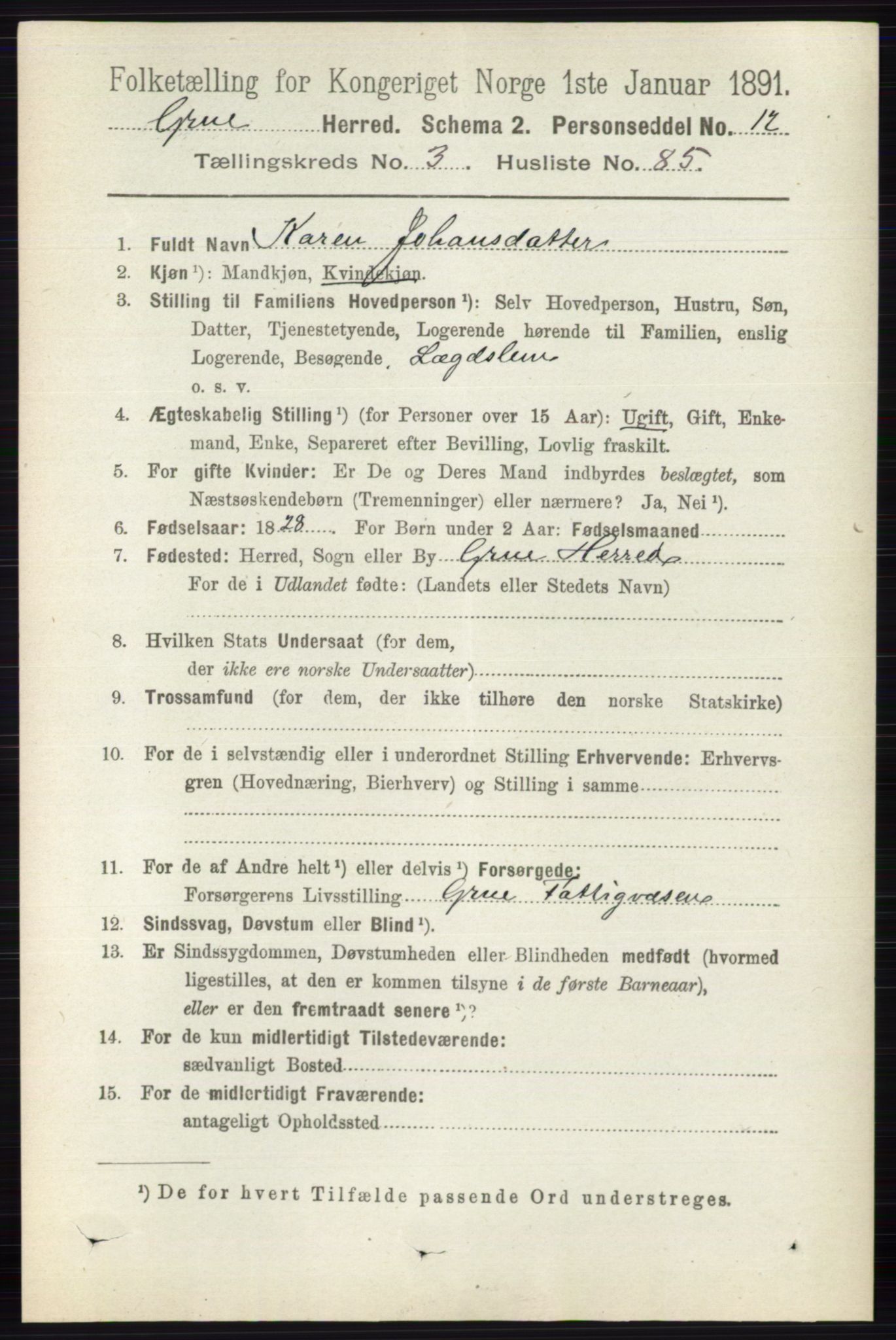 RA, 1891 census for 0423 Grue, 1891, p. 2003