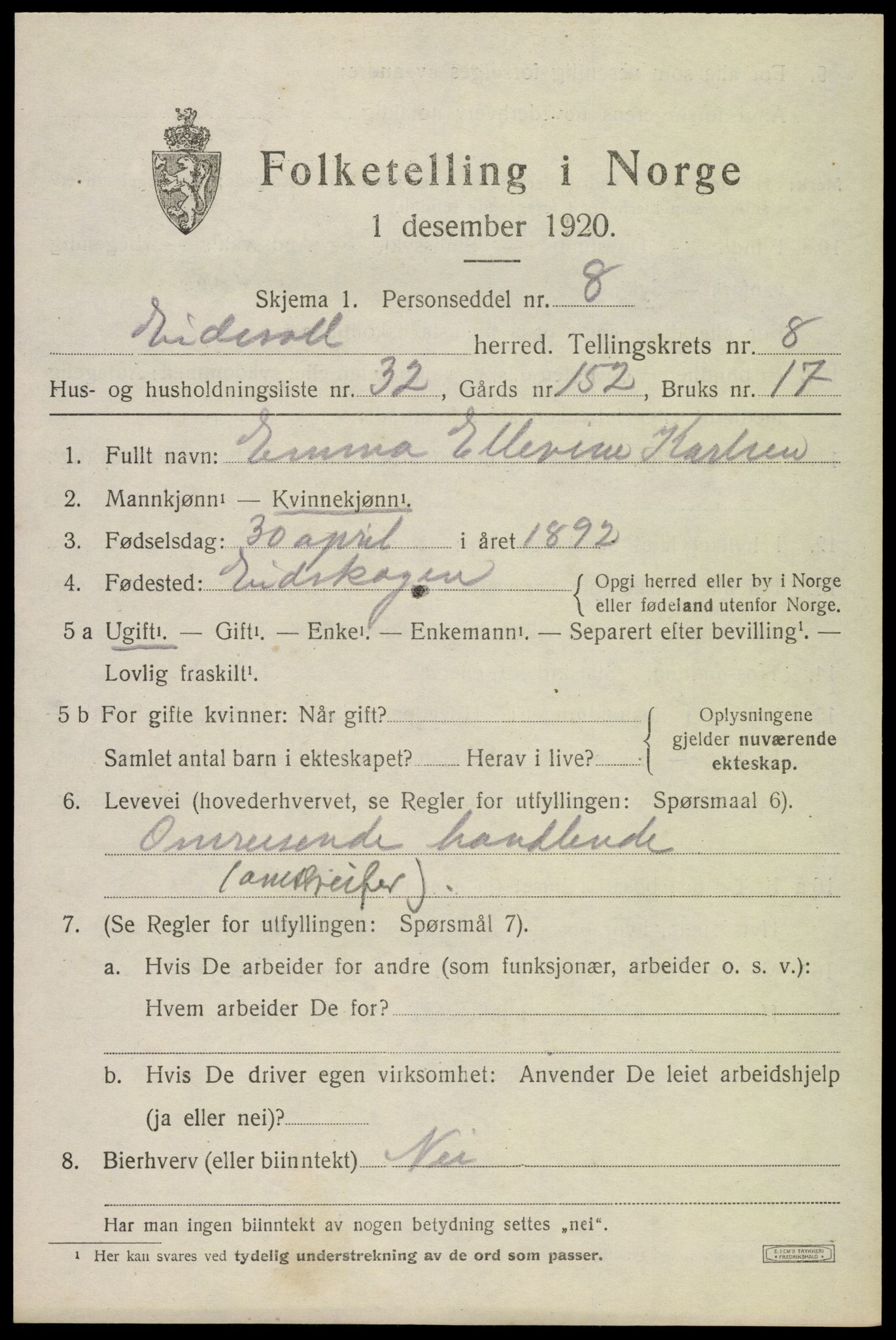 SAO, 1920 census for Eidsvoll, 1920, p. 13315