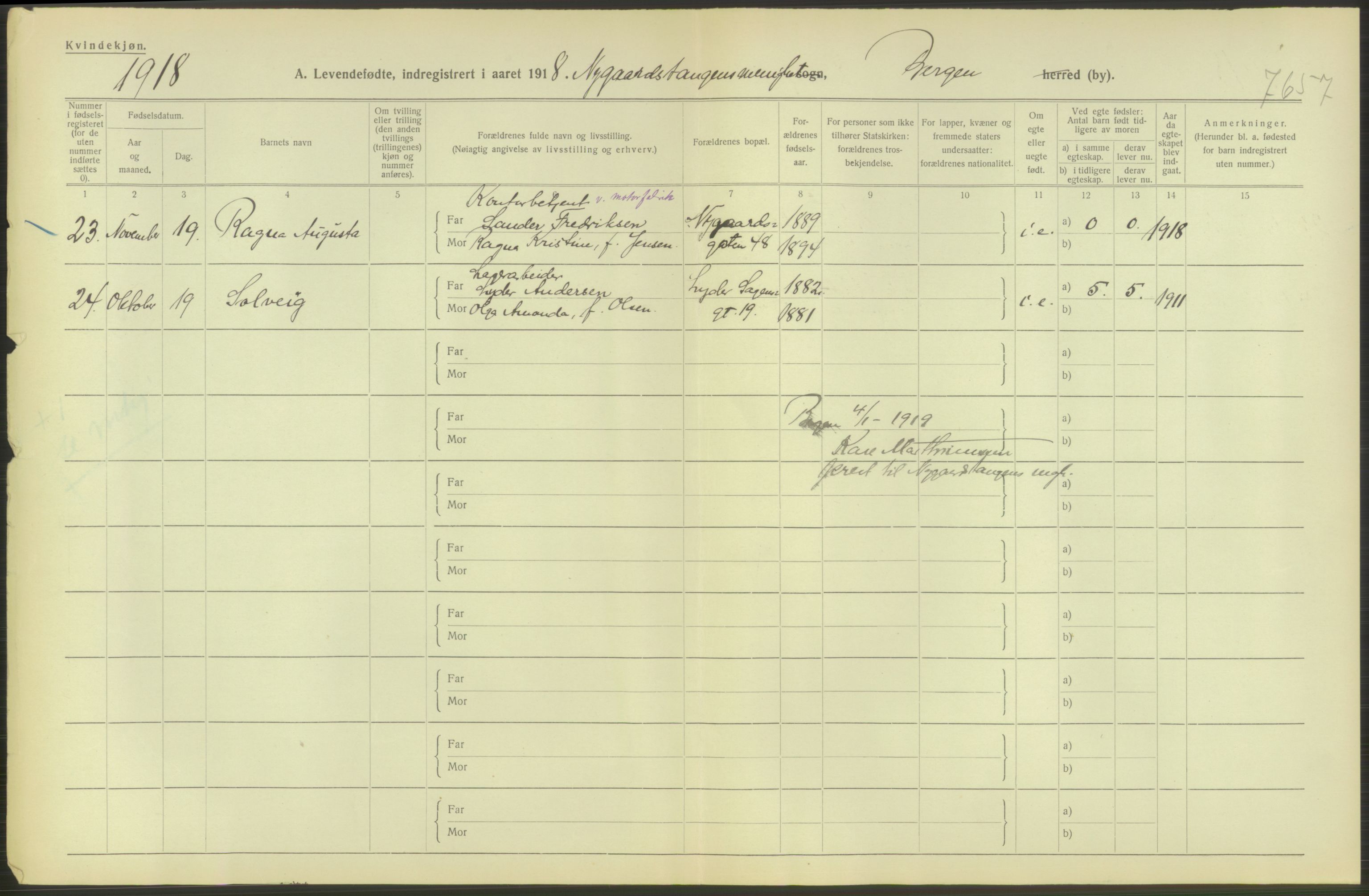 Statistisk sentralbyrå, Sosiodemografiske emner, Befolkning, AV/RA-S-2228/D/Df/Dfb/Dfbh/L0037: Bergen: Levendefødte menn og kvinner., 1918, p. 40