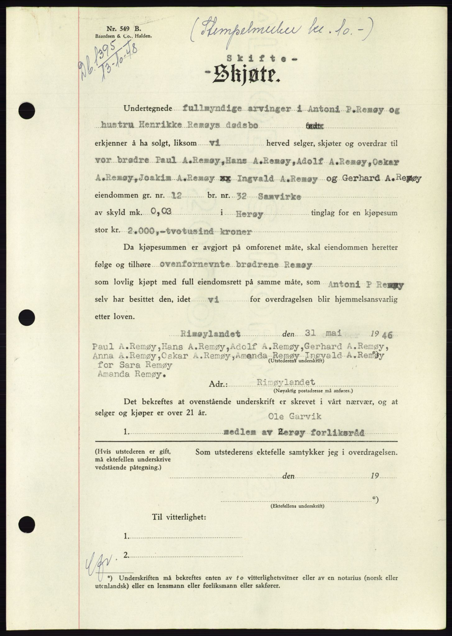 Søre Sunnmøre sorenskriveri, AV/SAT-A-4122/1/2/2C/L0083: Mortgage book no. 9A, 1948-1949, Diary no: : 1395/1948