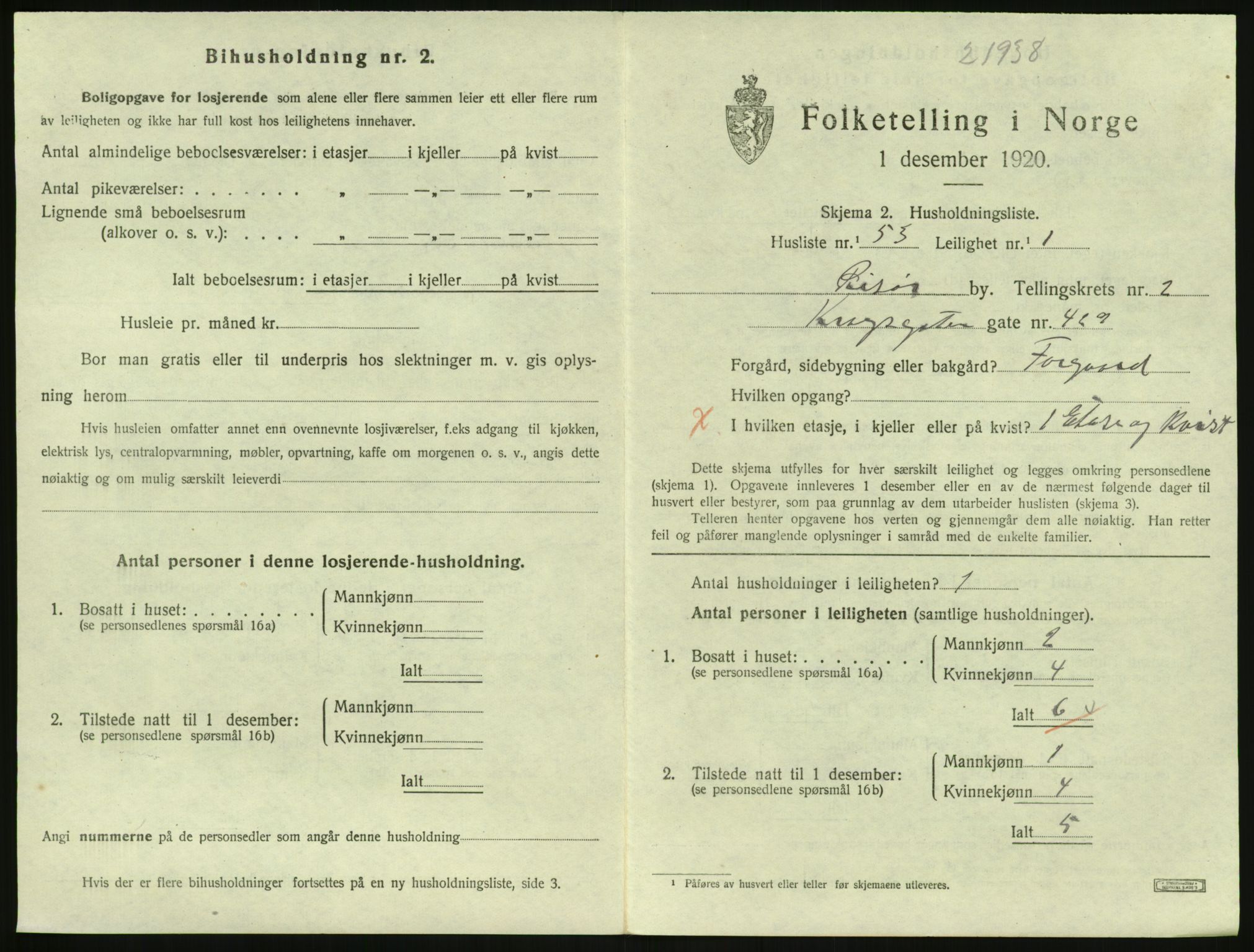 SAK, 1920 census for Risør, 1920, p. 2109