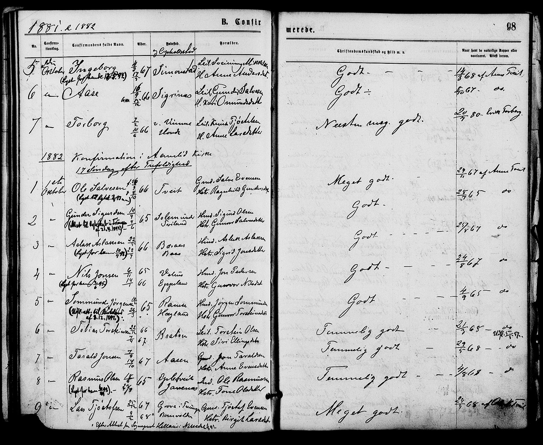 Åmli sokneprestkontor, AV/SAK-1111-0050/F/Fa/Fac/L0009: Parish register (official) no. A 9 /1, 1869-1884, p. 98