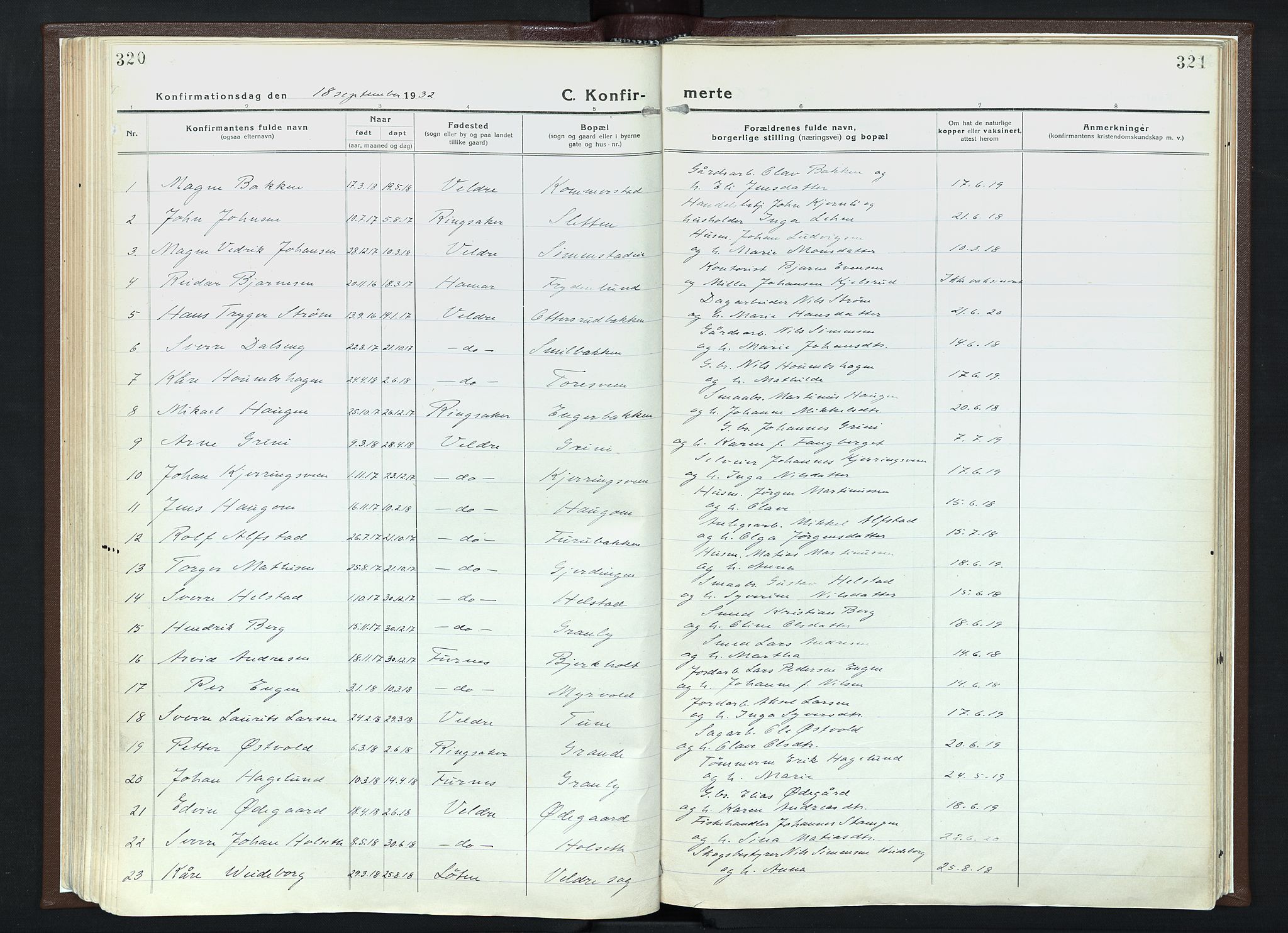 Veldre prestekontor, SAH/PREST-018/K/Ka/L0001: Parish register (official) no. 1, 1921-1934, p. 320-321