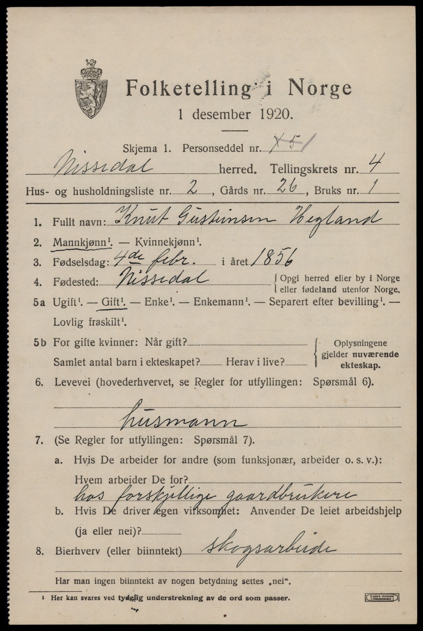 SAKO, 1920 census for Nissedal, 1920, p. 1835