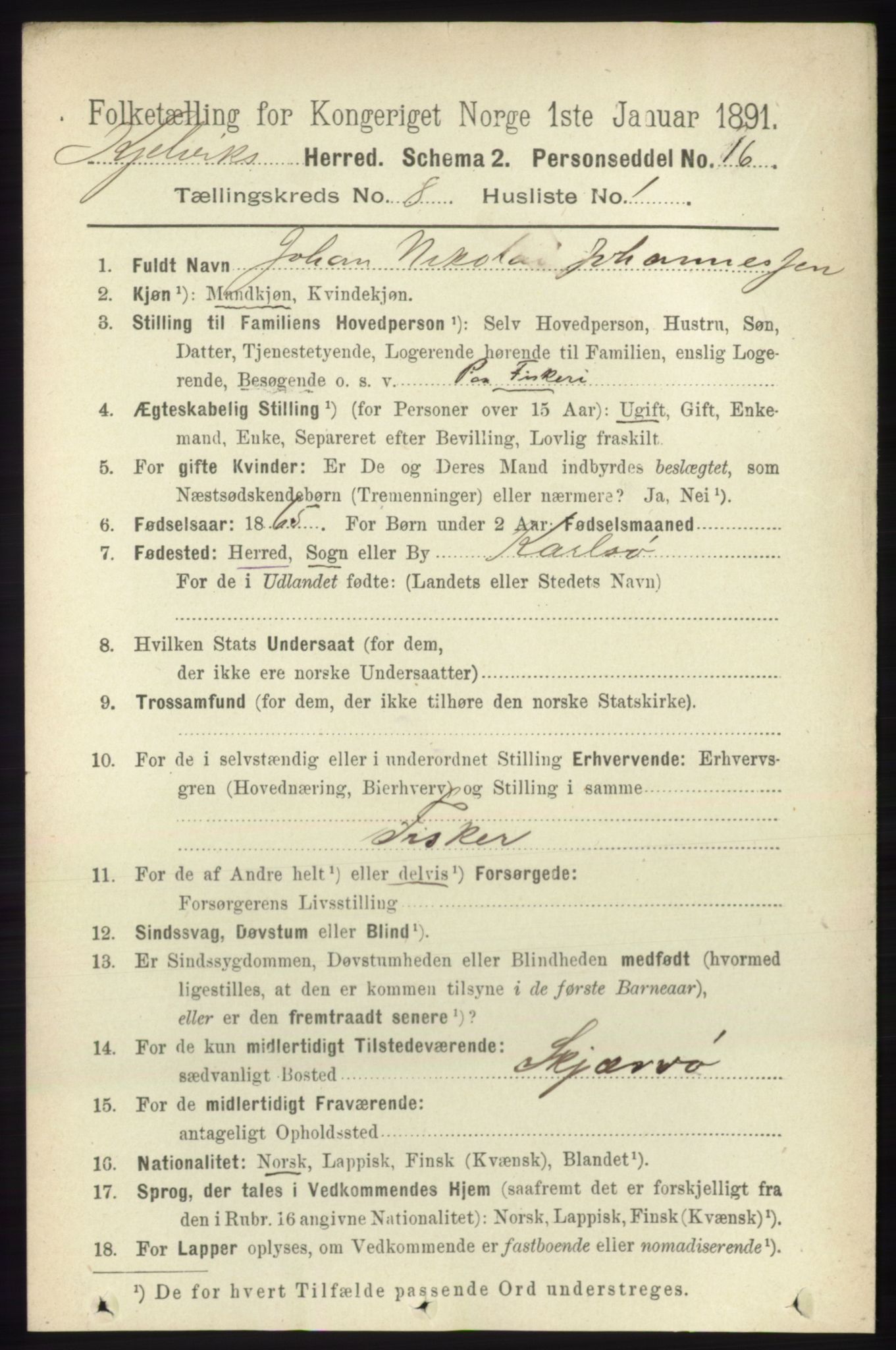RA, 1891 census for 2019 Kjelvik, 1891, p. 1190