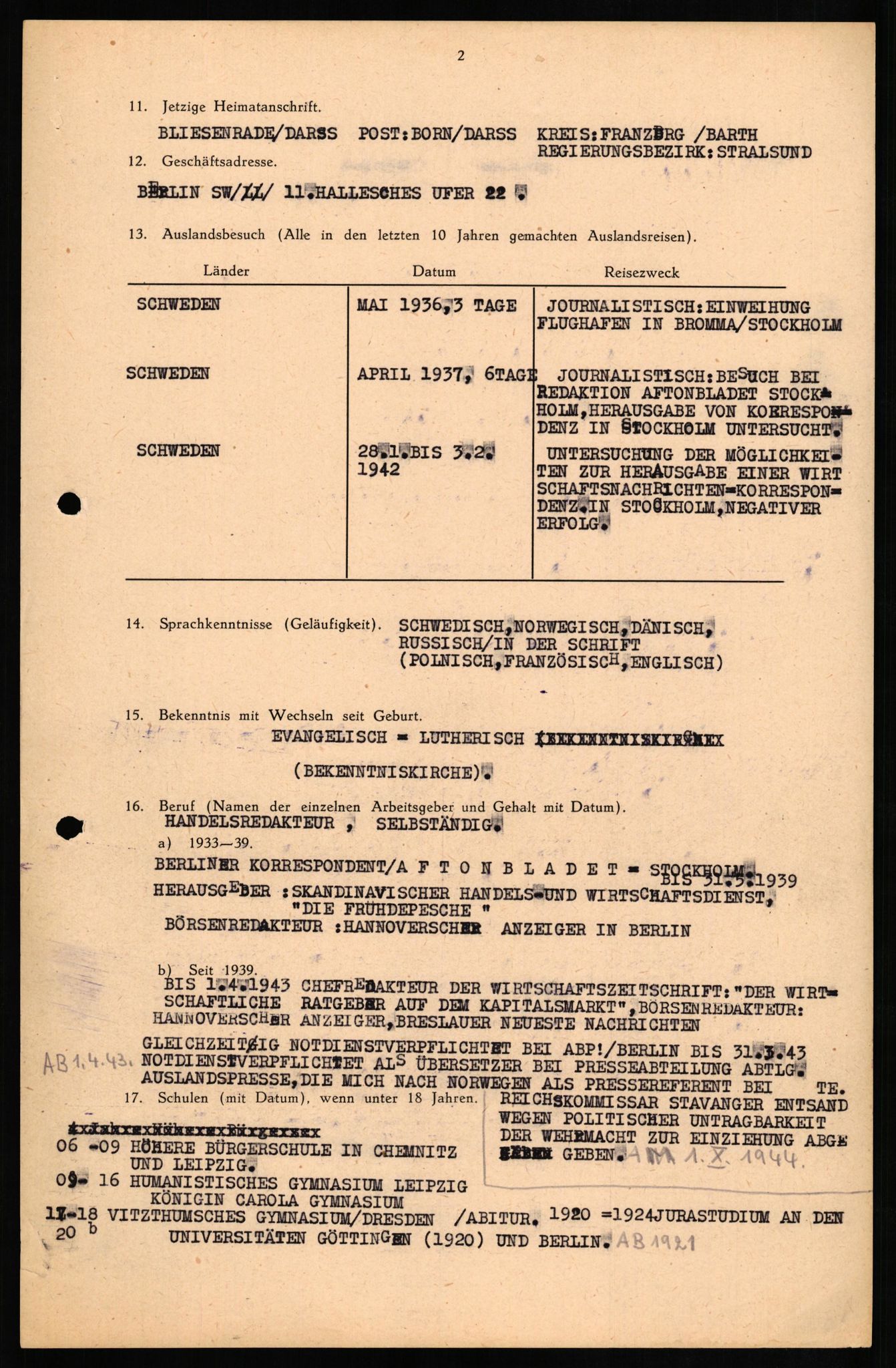 Forsvaret, Forsvarets overkommando II, RA/RAFA-3915/D/Db/L0014: CI Questionaires. Tyske okkupasjonsstyrker i Norge. Tyskere., 1945-1946, p. 363