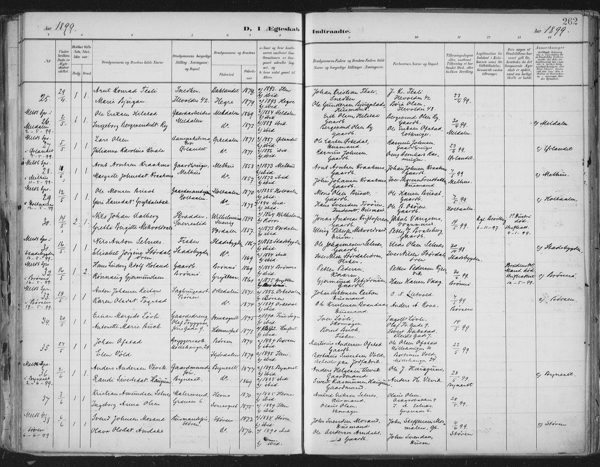 Ministerialprotokoller, klokkerbøker og fødselsregistre - Sør-Trøndelag, AV/SAT-A-1456/603/L0167: Parish register (official) no. 603A06, 1896-1932, p. 262