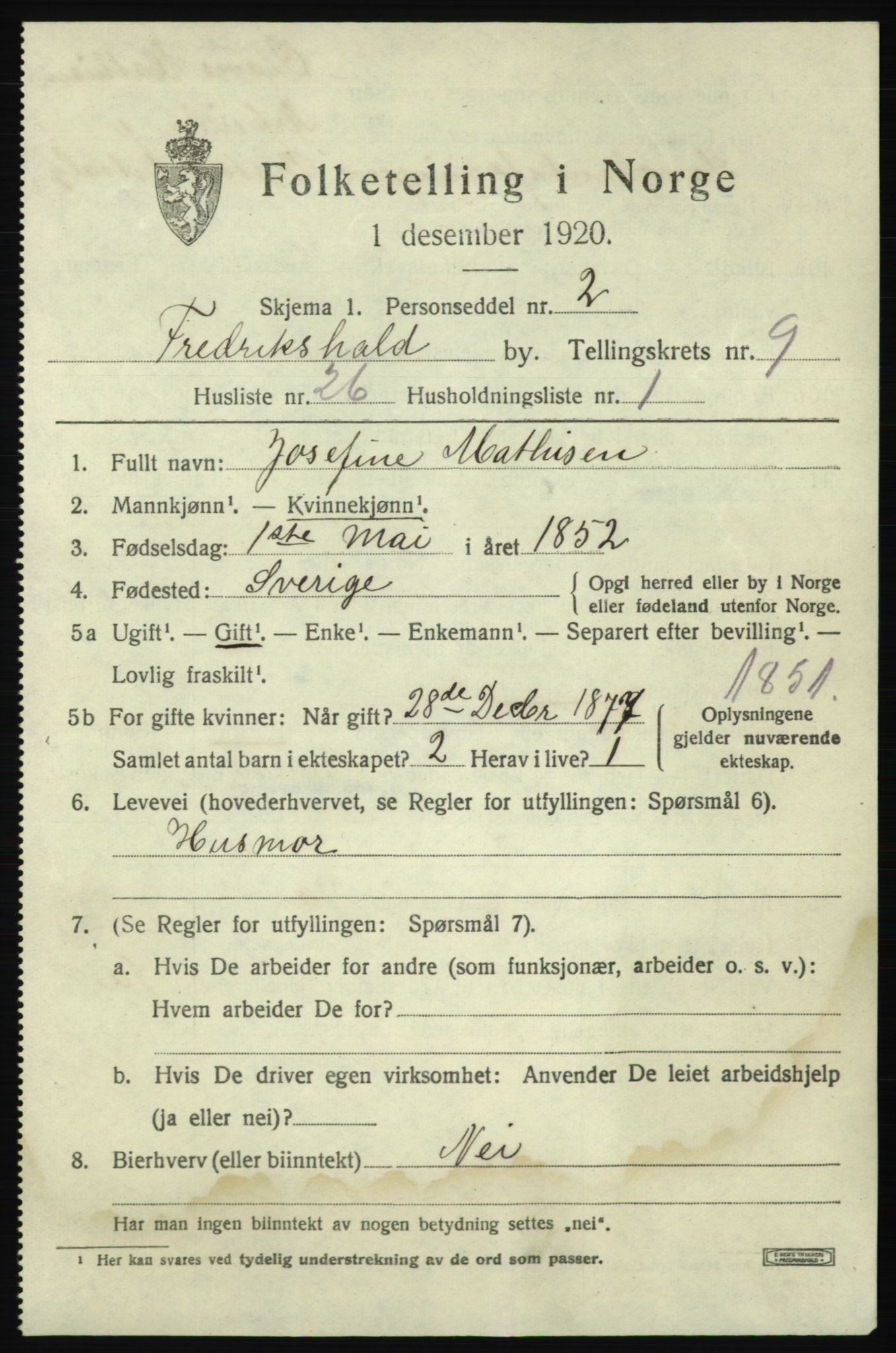 SAO, 1920 census for Fredrikshald, 1920, p. 16357