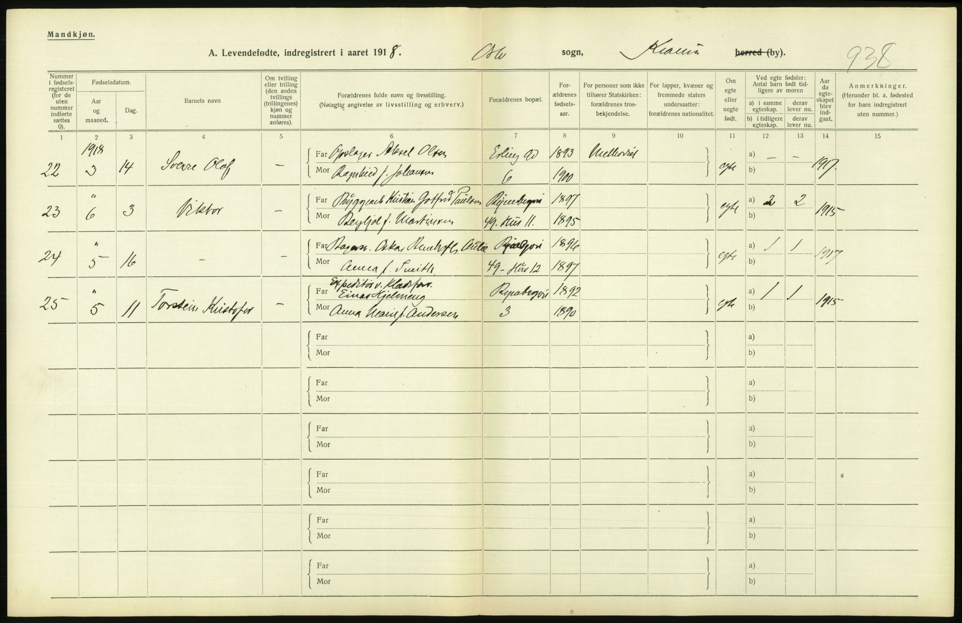 Statistisk sentralbyrå, Sosiodemografiske emner, Befolkning, AV/RA-S-2228/D/Df/Dfb/Dfbh/L0008: Kristiania: Levendefødte menn og kvinner., 1918, p. 726