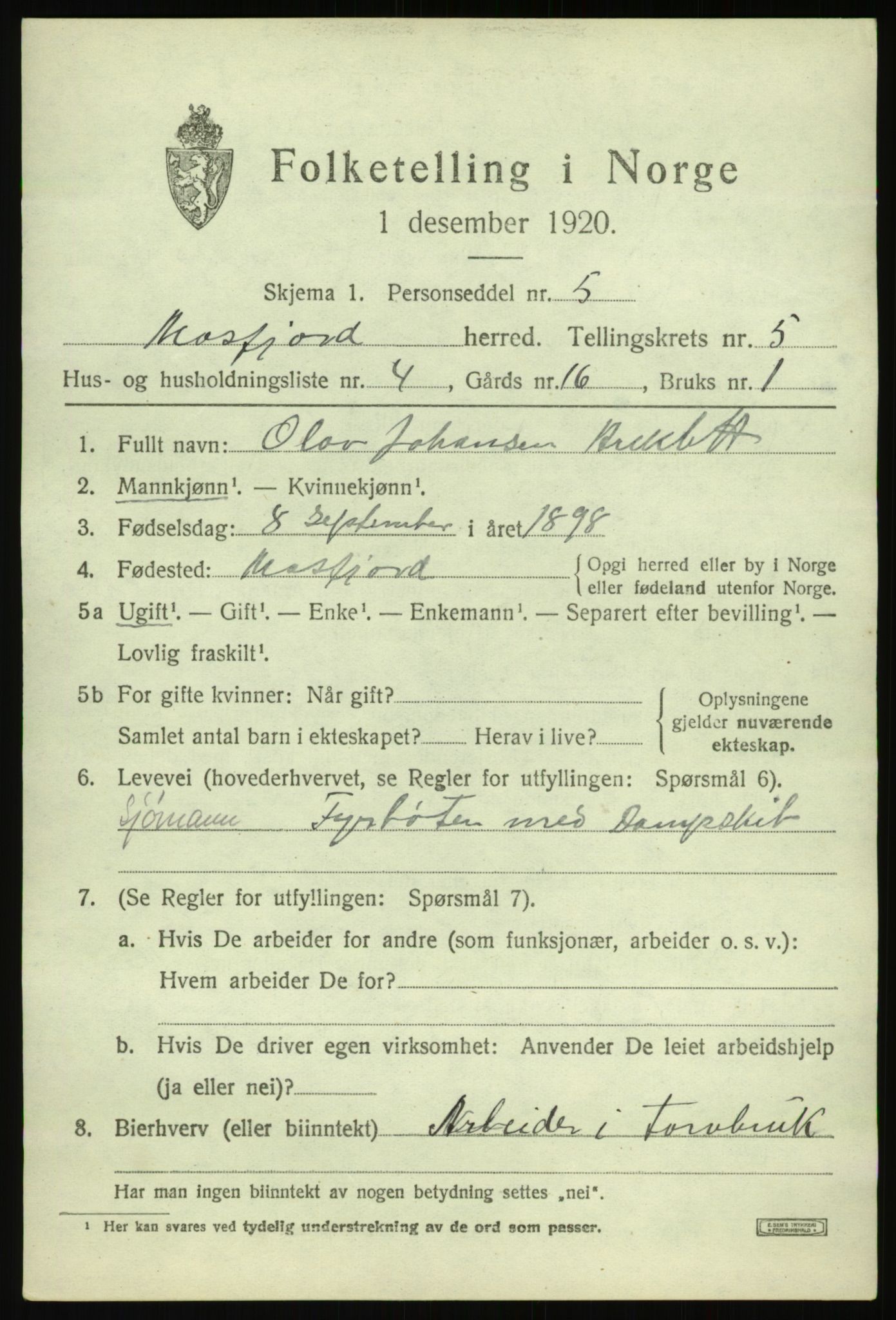 SAB, 1920 census for Masfjorden, 1920, p. 2143