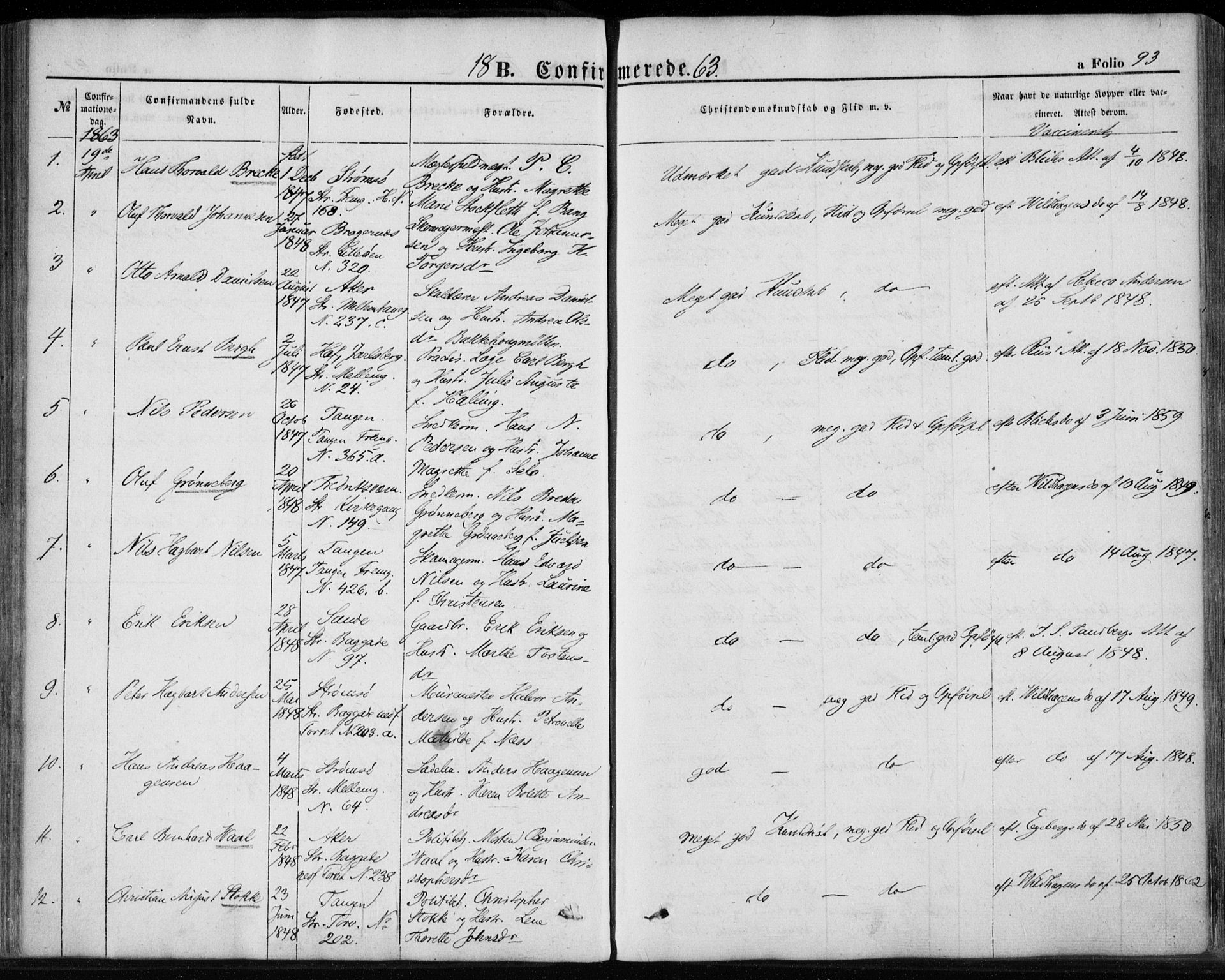 Strømsø kirkebøker, AV/SAKO-A-246/F/Fa/L0017: Parish register (official) no. I 17, 1848-1865, p. 93