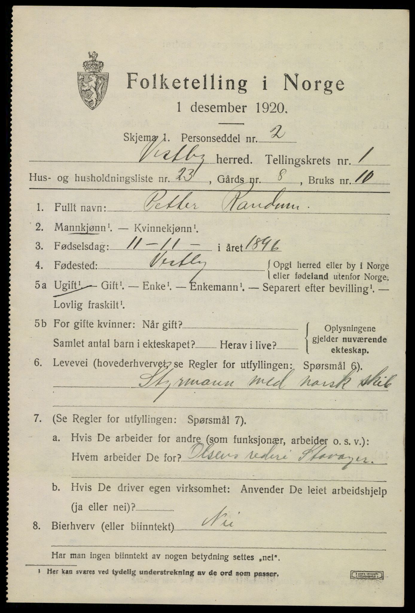 SAO, 1920 census for Vestby, 1920, p. 1643