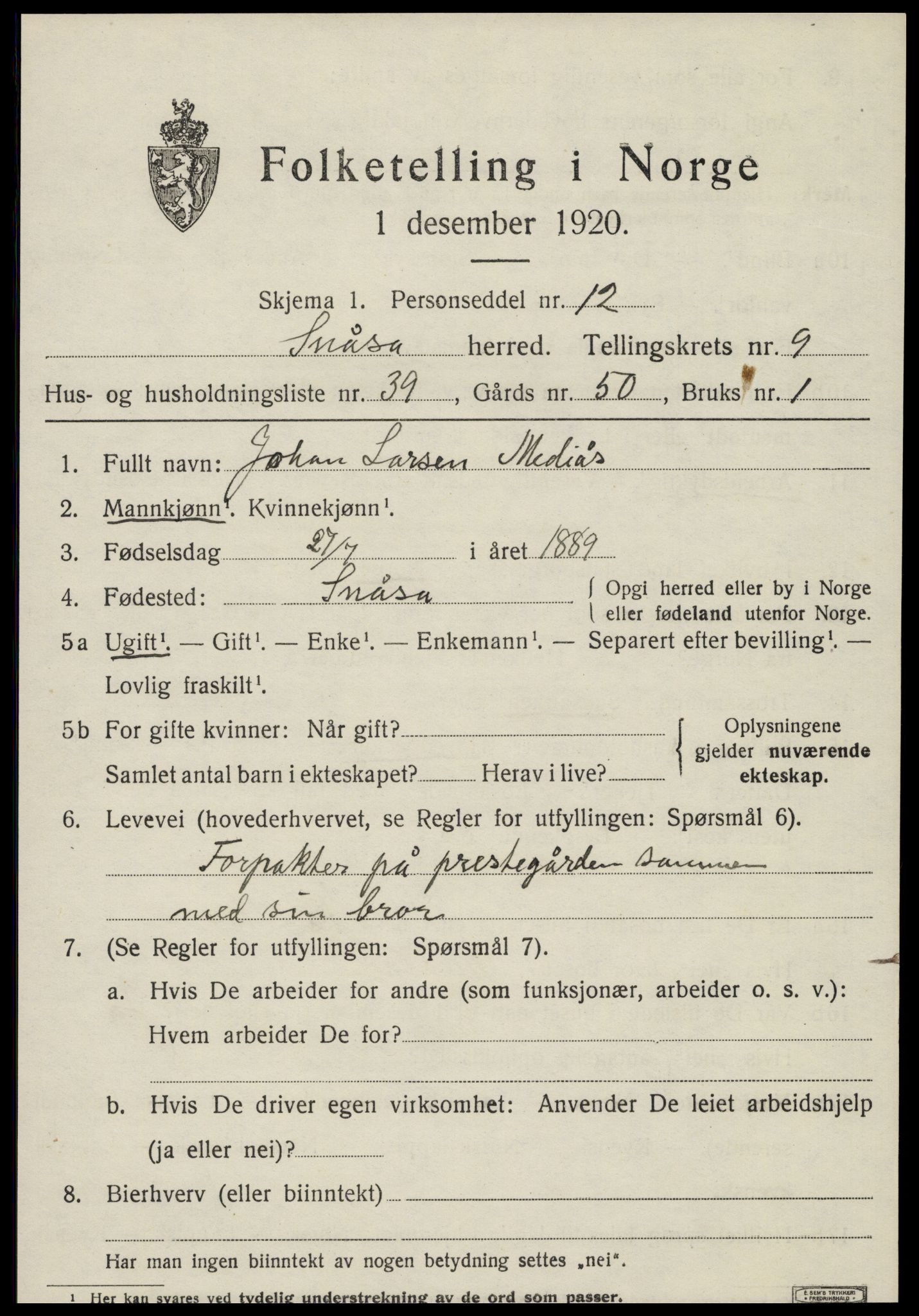 SAT, 1920 census for Snåsa, 1920, p. 4118