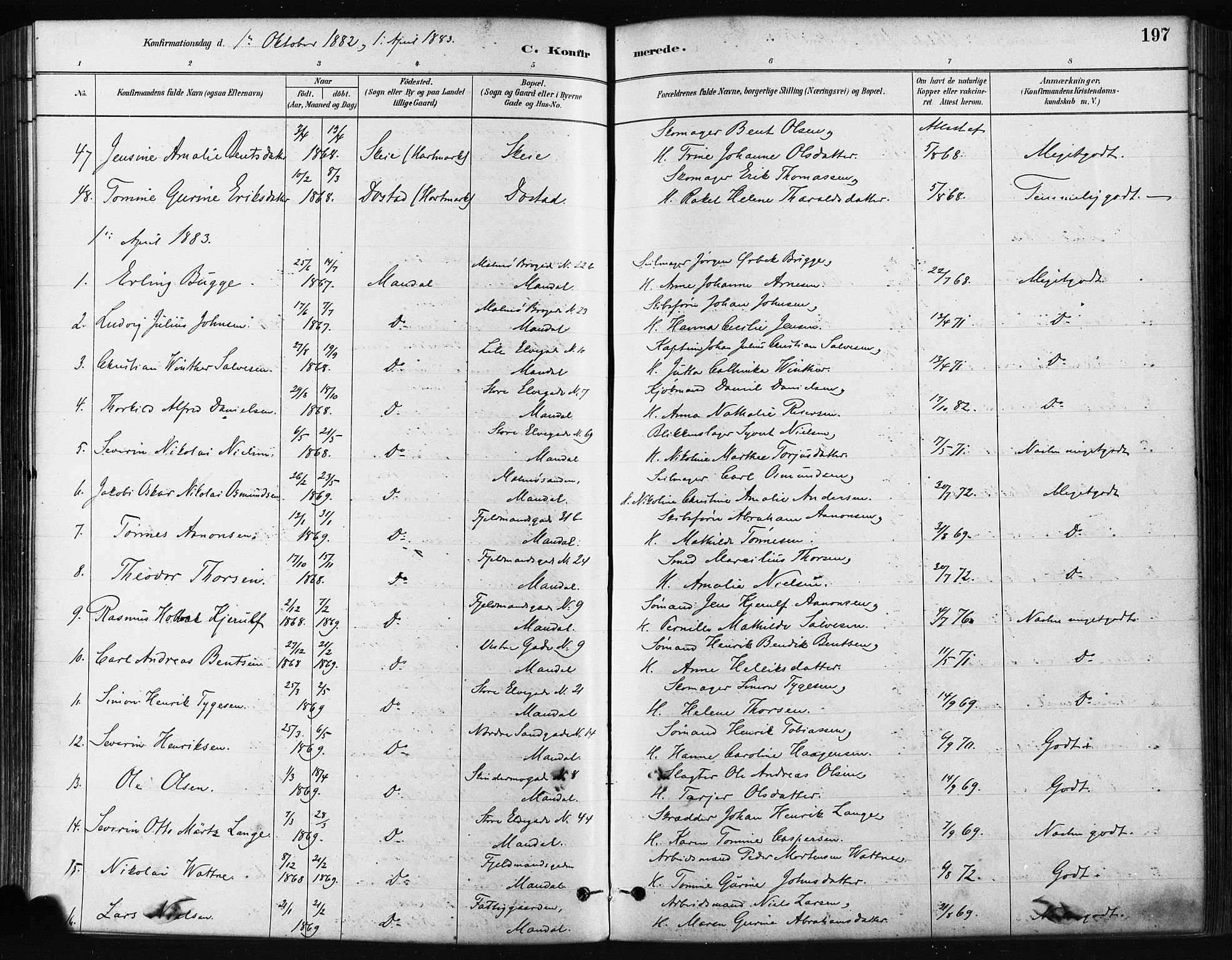 Mandal sokneprestkontor, SAK/1111-0030/F/Fa/Faa/L0016: Parish register (official) no. A 16, 1880-1890, p. 197