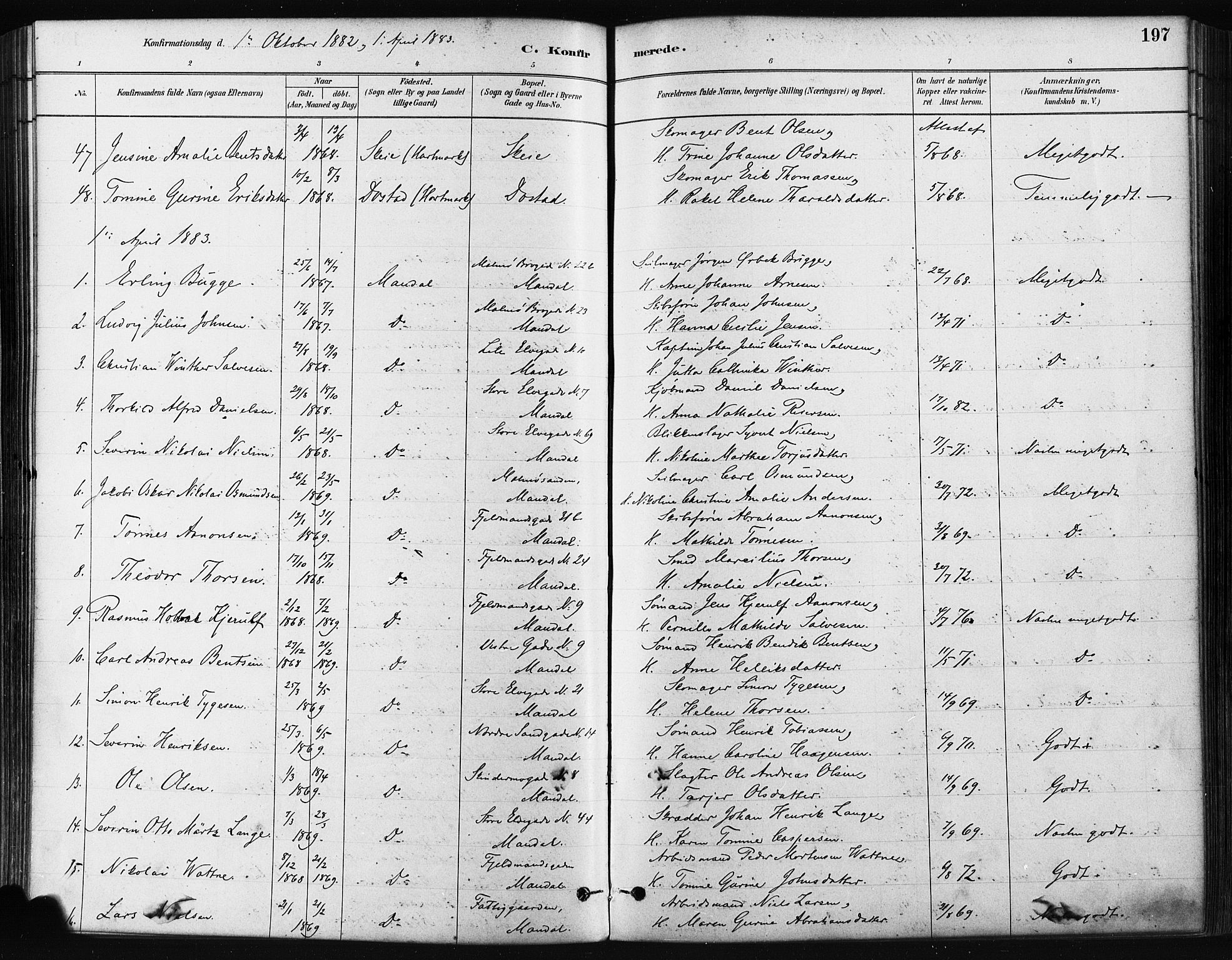 Mandal sokneprestkontor, AV/SAK-1111-0030/F/Fa/Faa/L0016: Parish register (official) no. A 16, 1880-1890, p. 197