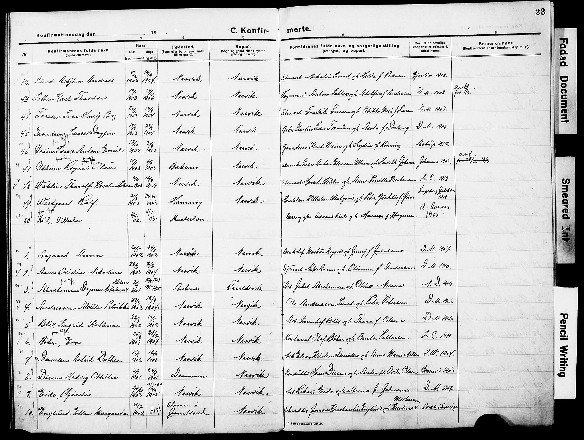 Ministerialprotokoller, klokkerbøker og fødselsregistre - Nordland, AV/SAT-A-1459/871/L0989: Parish register (official) no. 871A05, 1915-1922, p. 23