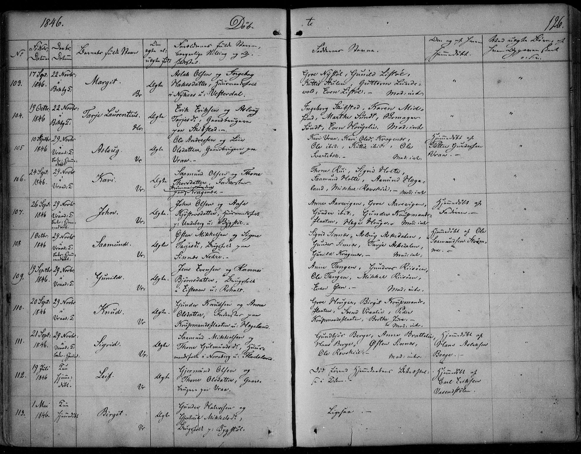 Kviteseid kirkebøker, SAKO/A-276/F/Fa/L0006: Parish register (official) no. I 6, 1836-1858, p. 126