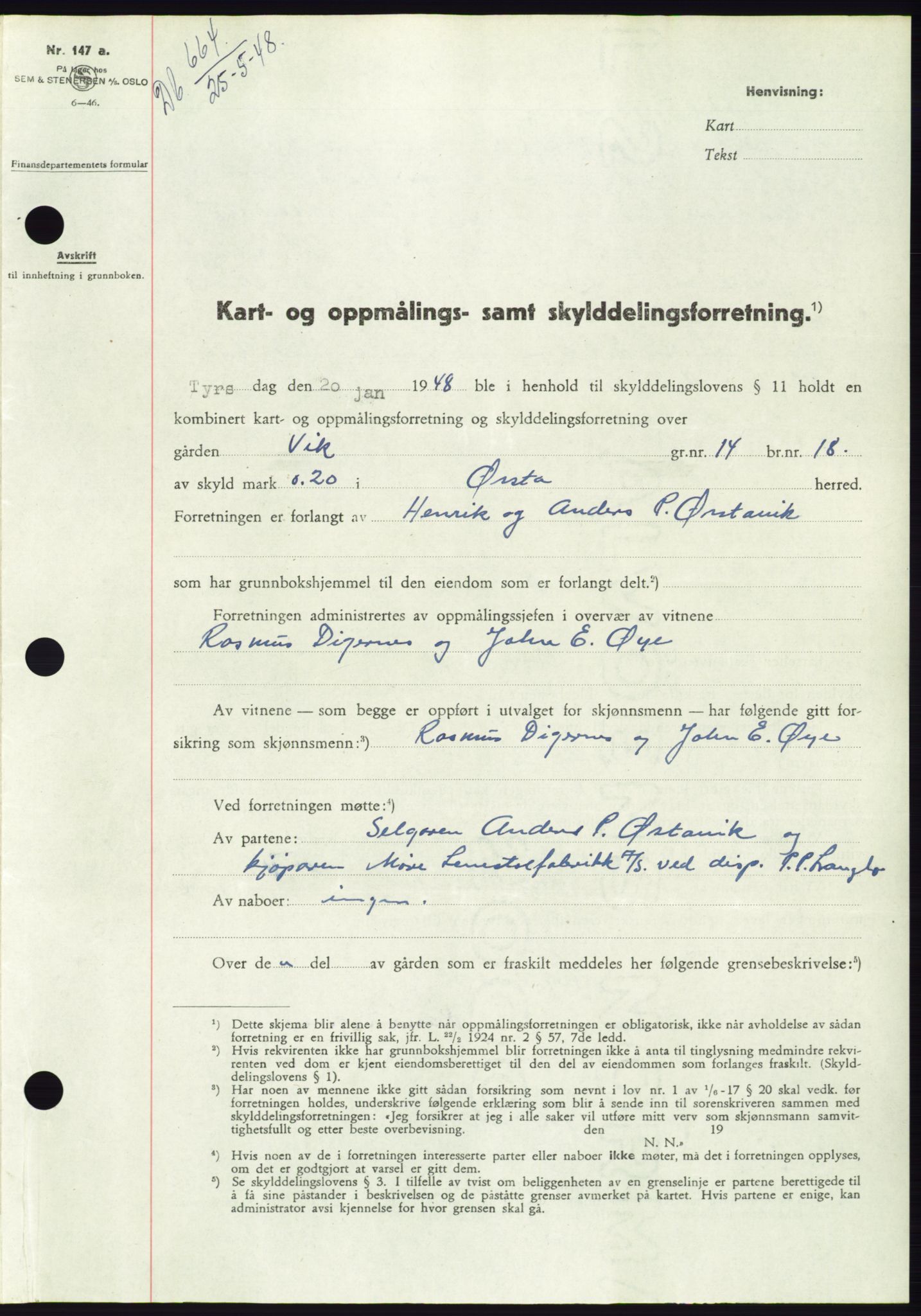 Søre Sunnmøre sorenskriveri, AV/SAT-A-4122/1/2/2C/L0082: Mortgage book no. 8A, 1948-1948, Diary no: : 664/1948