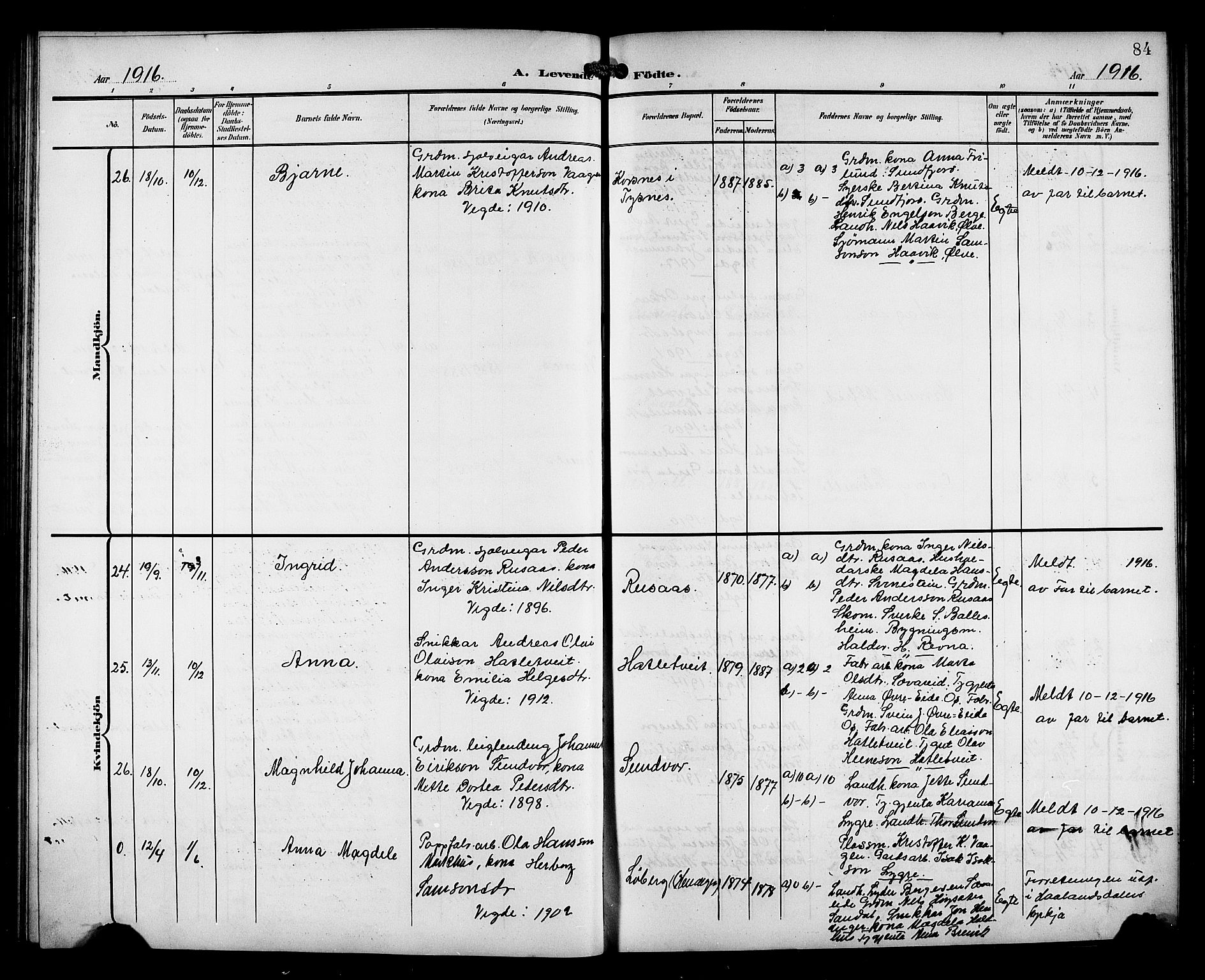 Fusa sokneprestembete, AV/SAB-A-75401/H/Hab: Parish register (copy) no. C 3, 1903-1920, p. 84