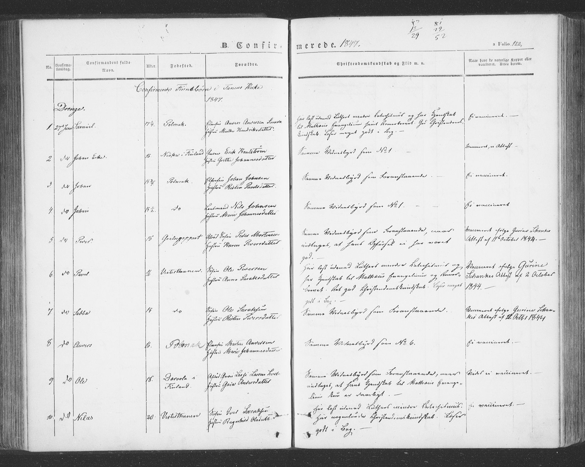 Tana sokneprestkontor, SATØ/S-1334/H/Ha/L0001kirke: Parish register (official) no. 1, 1846-1861, p. 122