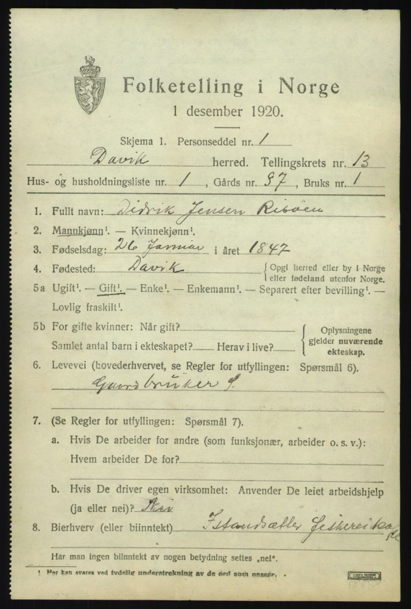 SAB, 1920 census for Davik, 1920, p. 6069