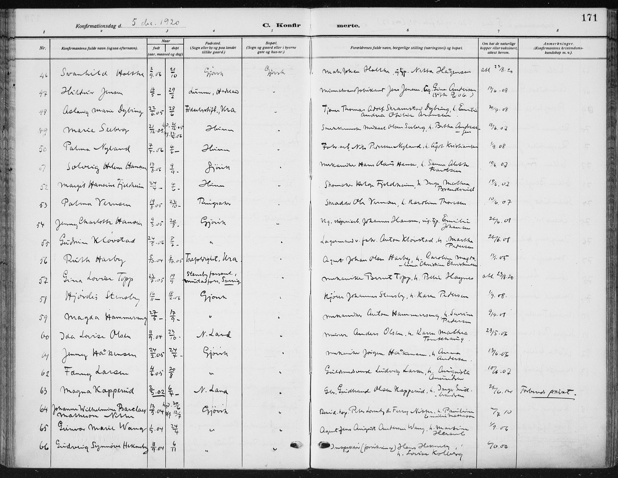 Vardal prestekontor, SAH/PREST-100/H/Ha/Haa/L0014: Parish register (official) no. 14, 1912-1922, p. 171