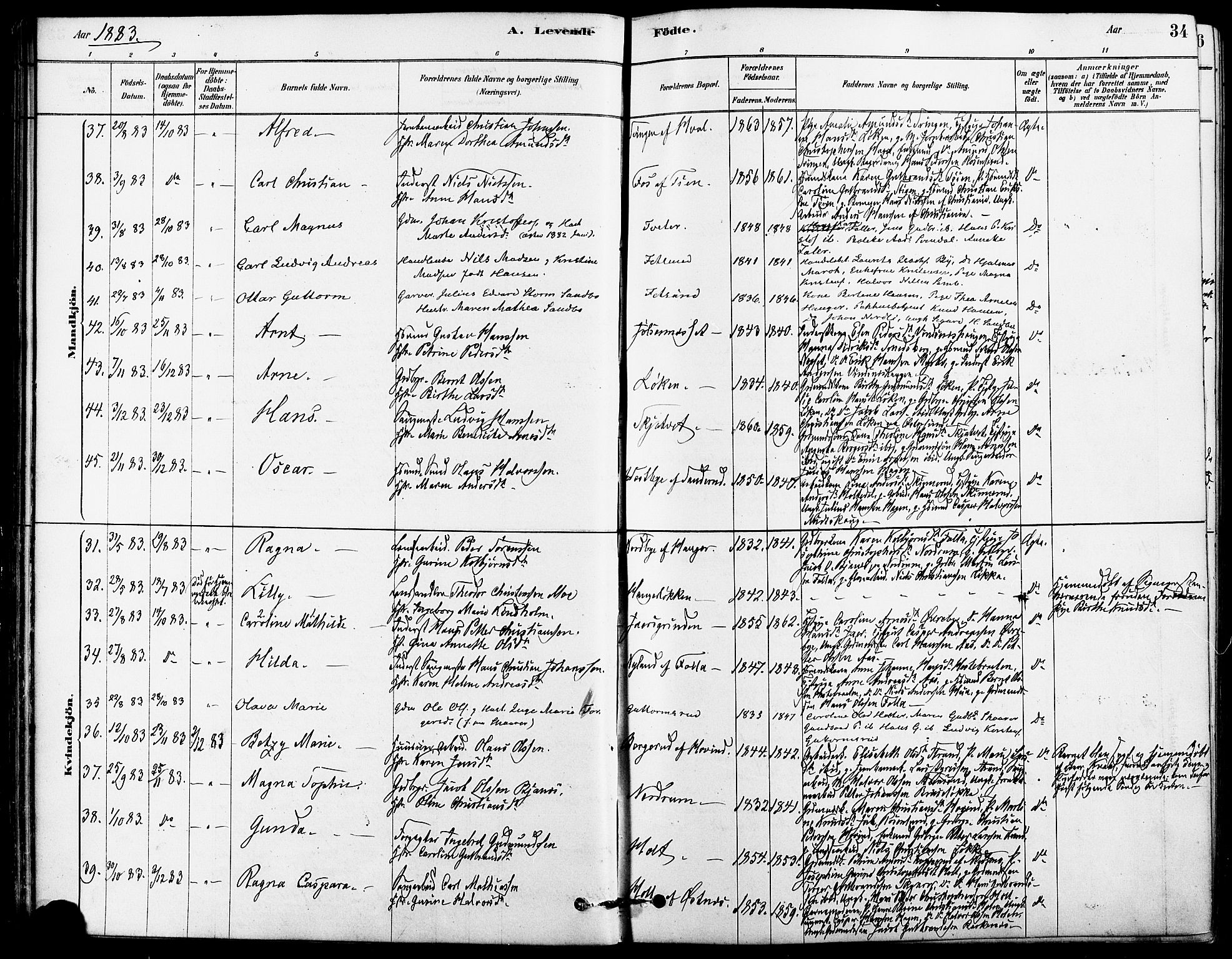 Fet prestekontor Kirkebøker, SAO/A-10370a/F/Fa/L0014: Parish register (official) no. I 14, 1878-1891, p. 34