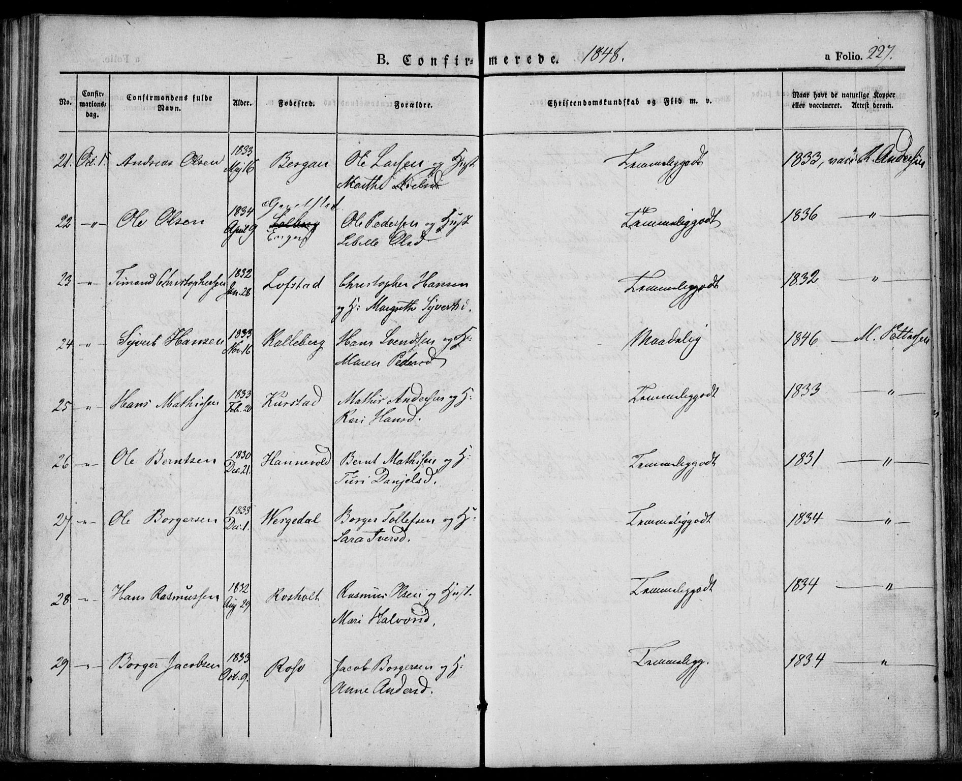 Lardal kirkebøker, SAKO/A-350/F/Fa/L0006: Parish register (official) no. I 6, 1835-1860, p. 227