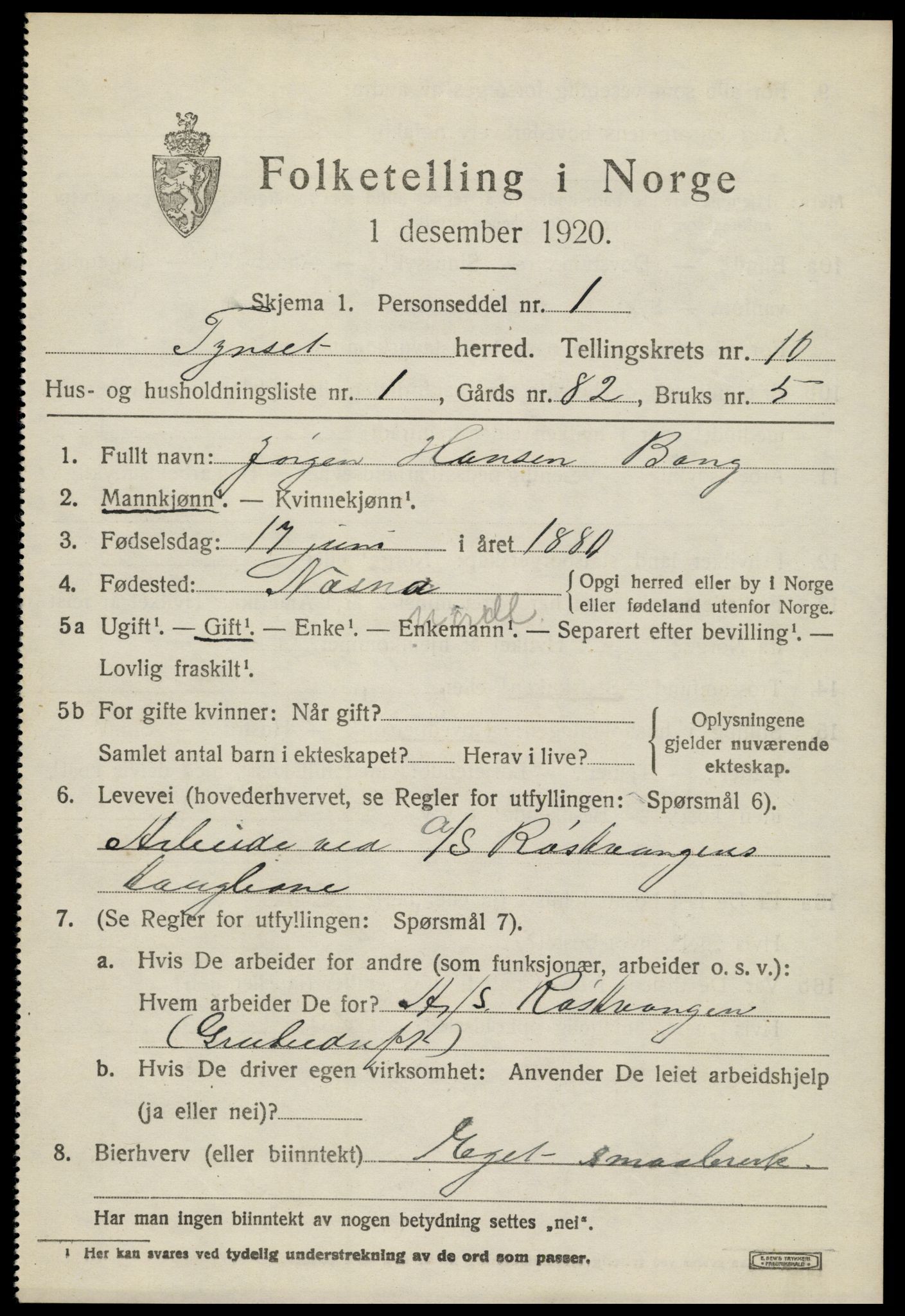 SAH, 1920 census for Tynset, 1920, p. 7582