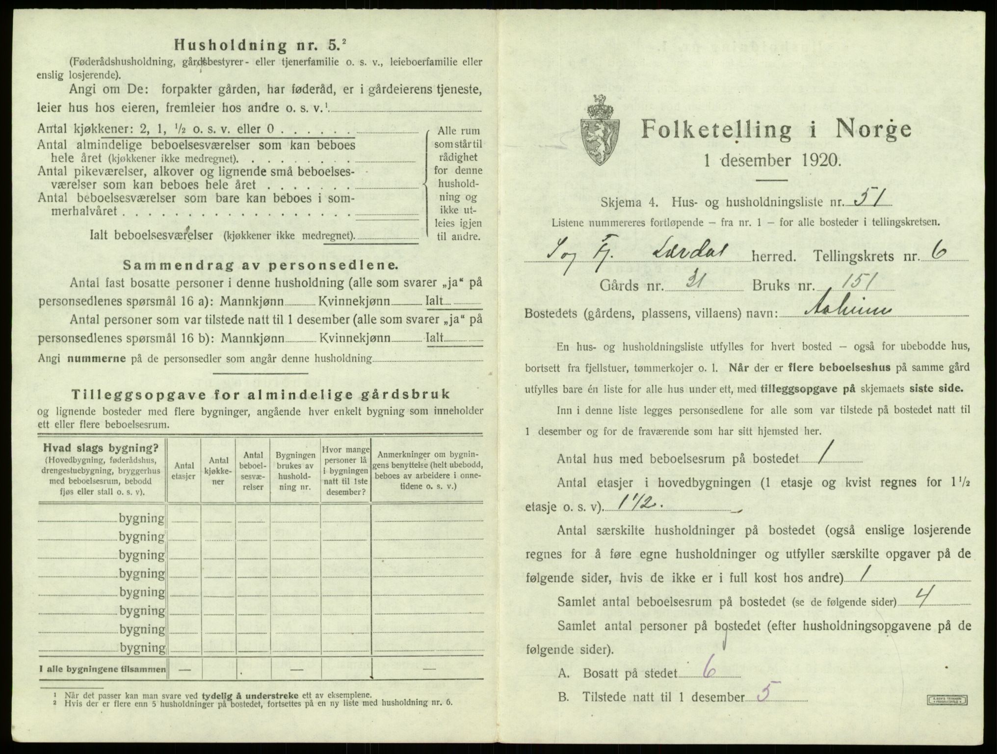 SAB, 1920 census for Lærdal, 1920, p. 522