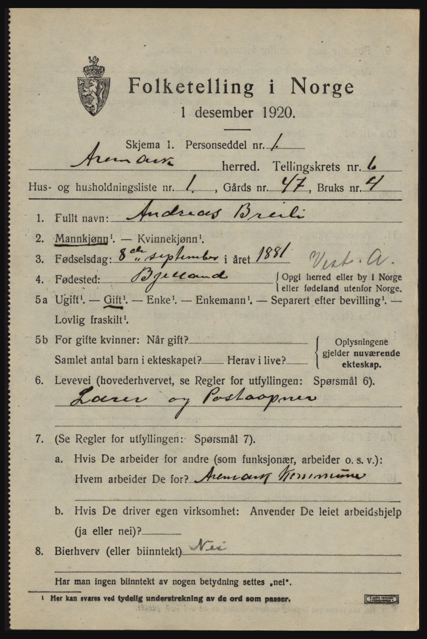 SAO, 1920 census for Aremark, 1920, p. 3723